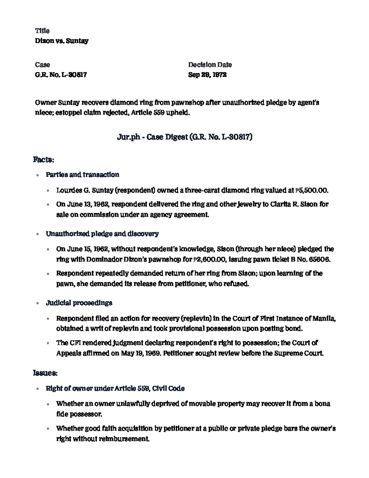 Case Digest: Dizon vs. Suntay G.R. No. L-30817 - Article 559 Ruling ...