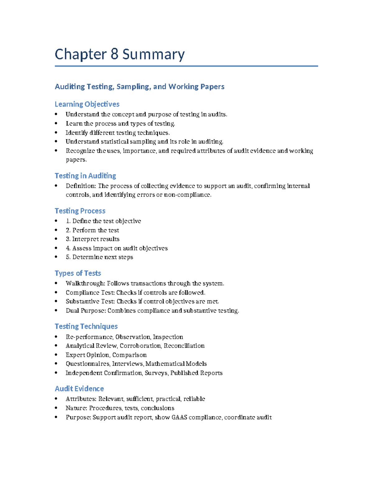 Chapter 8 Summary - Auditing: Testing, Sampling & Working Papers - Studocu