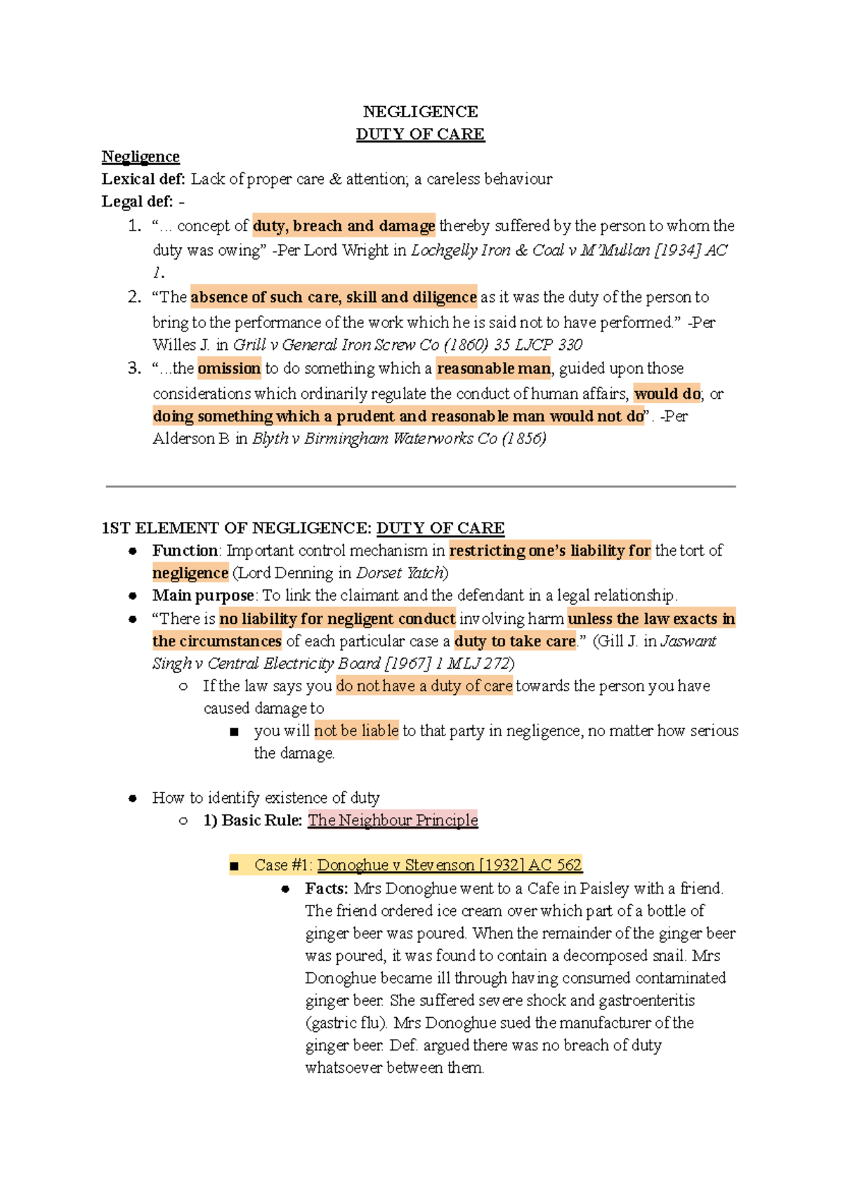 TORT 1 - Duty of Care: Key Elements of Negligence Explained - Studocu