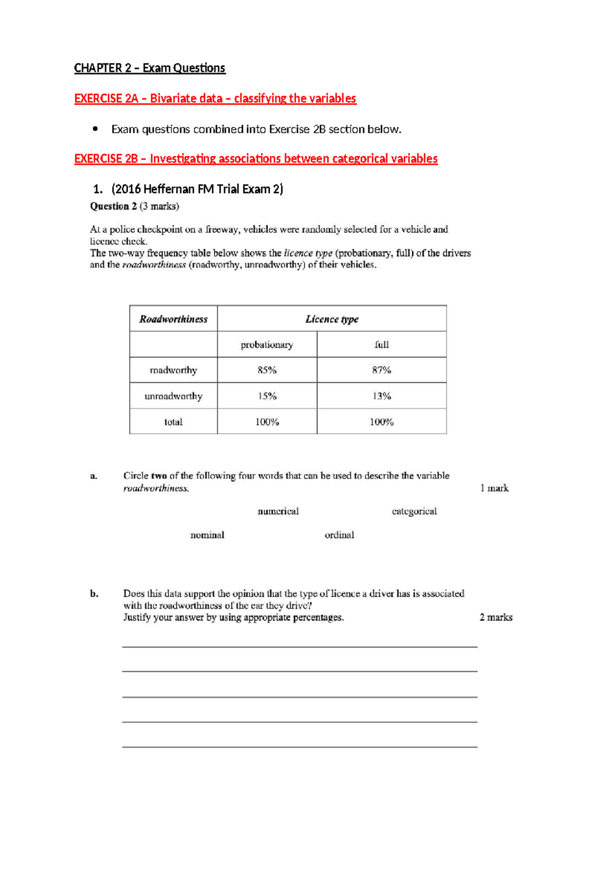 Gen Maths Unit 3 CH 2 Exam Qns: Bivariate Data & Correlation - Studocu