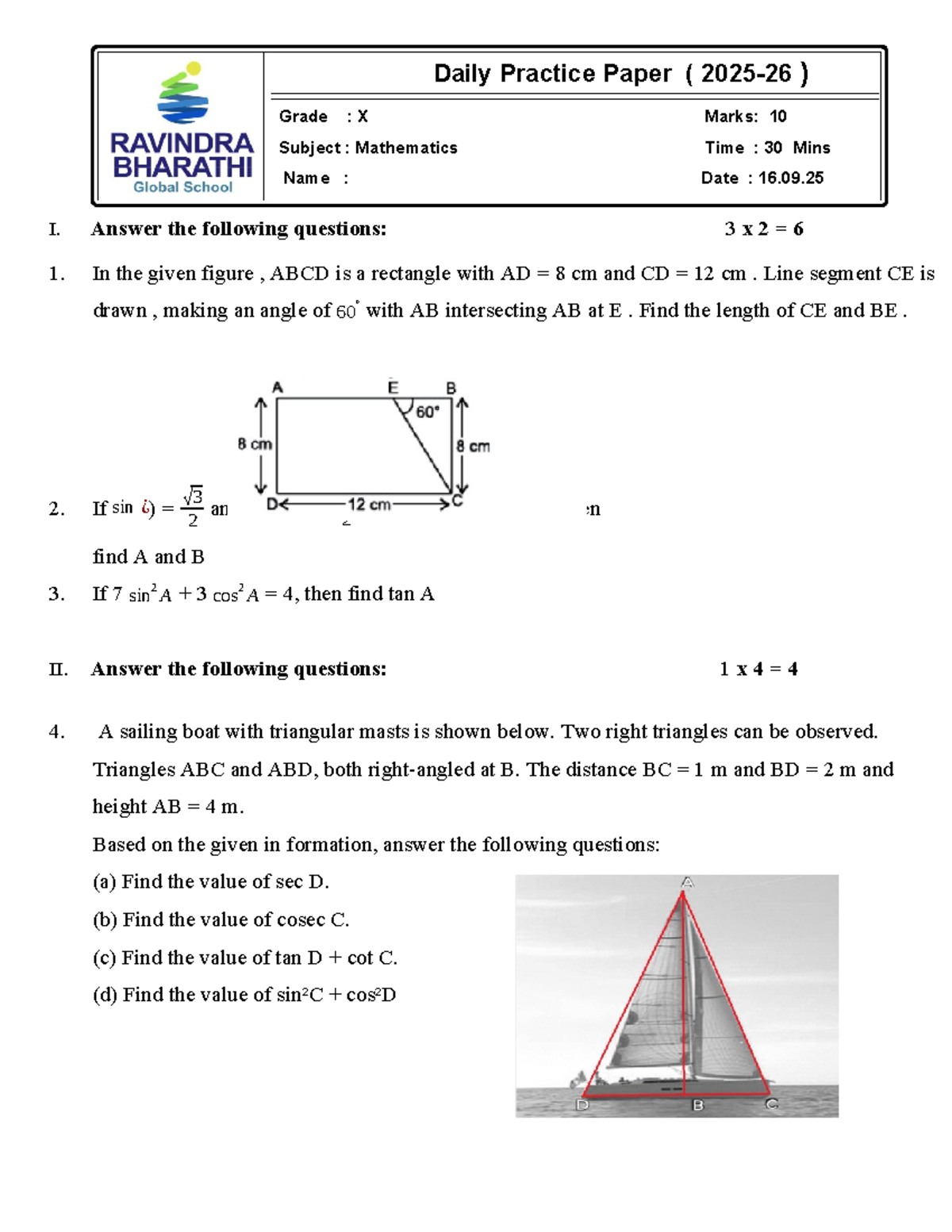 RBGS DPP: Daily Practice Paper on Intro to Trig (Grade X) - Studocu