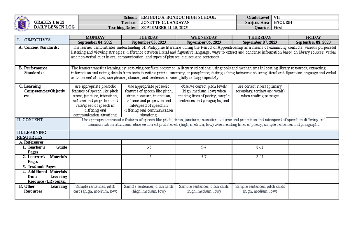 Week 3 - Daily Lesson Logs - GRADES 1 to 12 DAILY LESSON LOG School ...