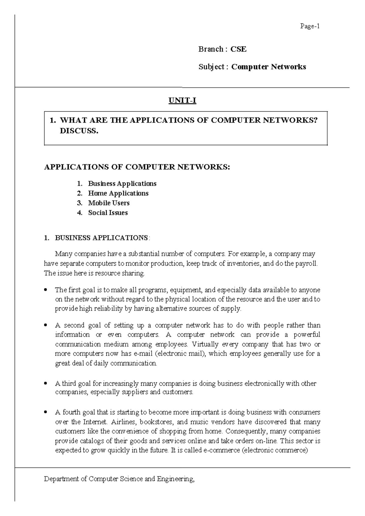 CSE Computer Networks Lecture Notes - UNIT 1 Overview and Applications ...