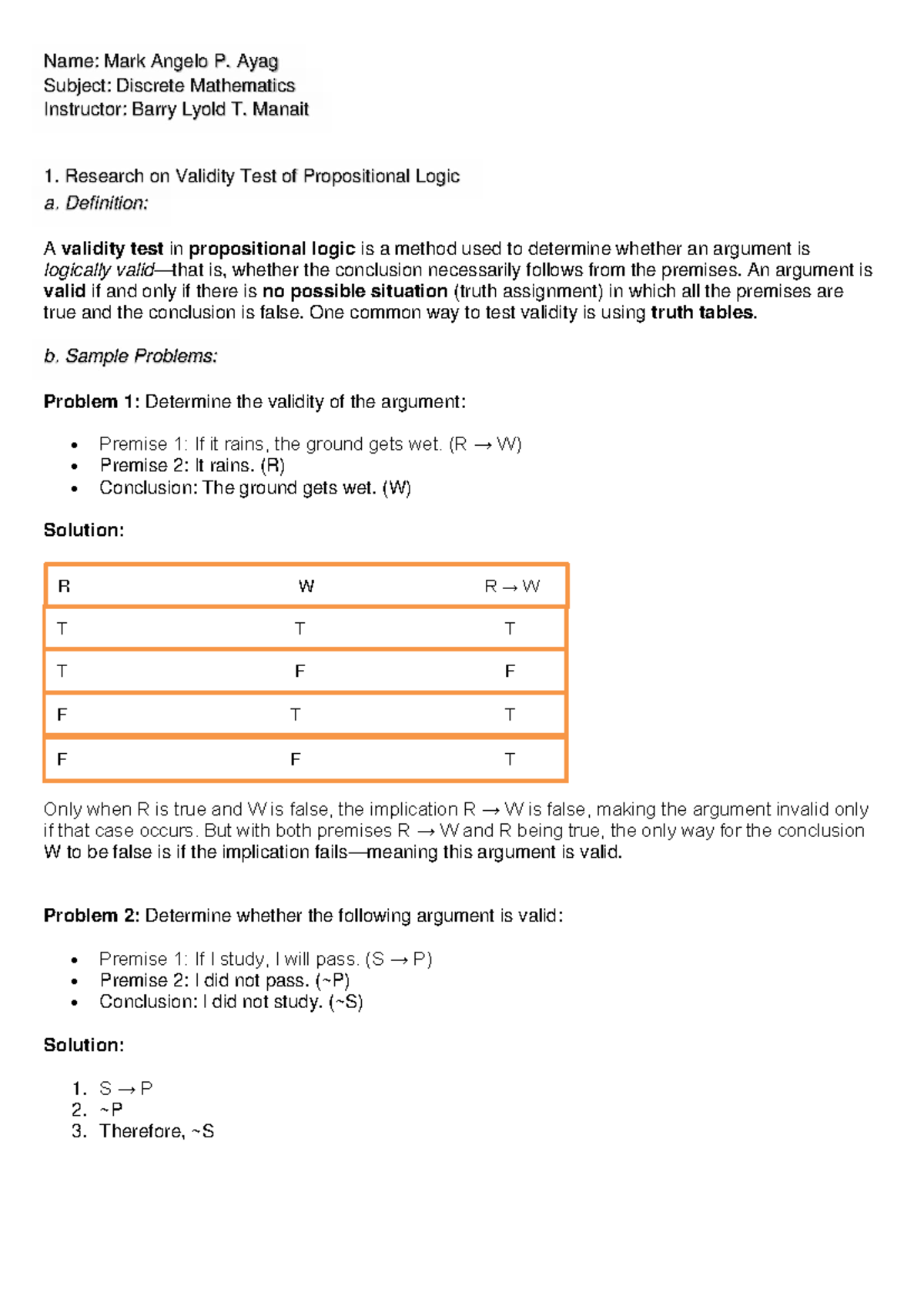 Propositional logic assignment: Validity test research and sample ...