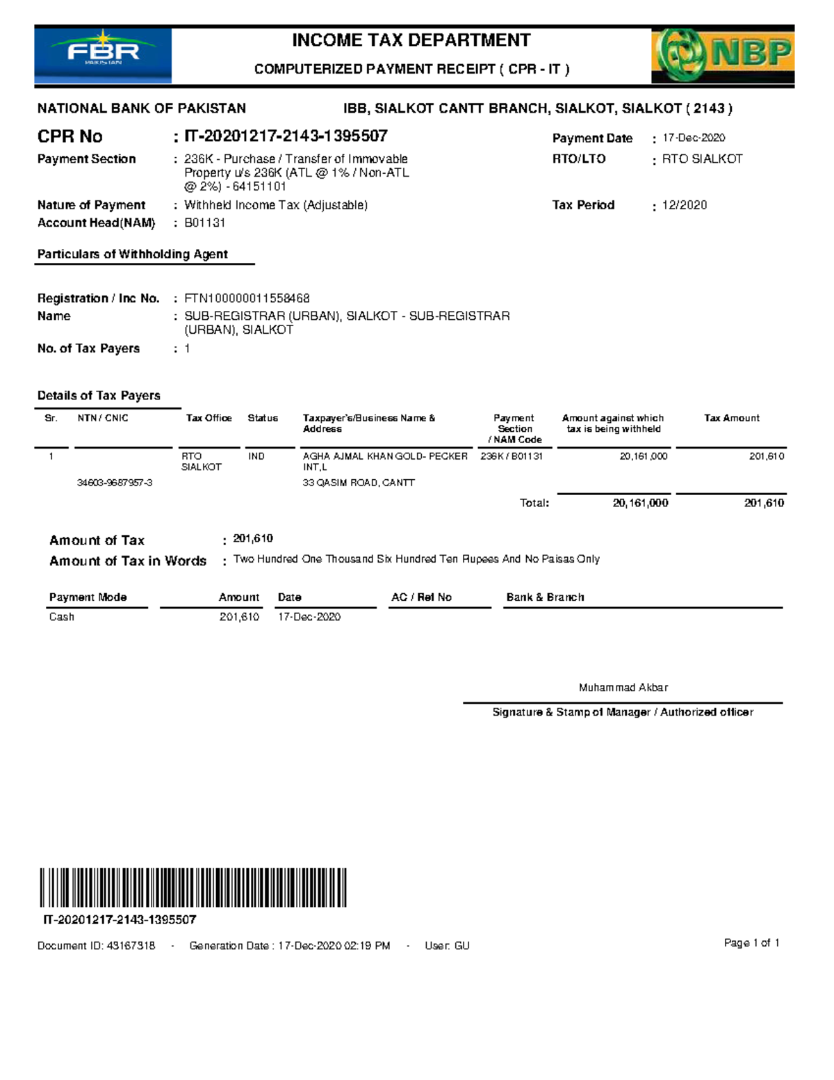 Computerized Payment Receipt (CPR) for Income Tax Ordinance IT-2020 ...