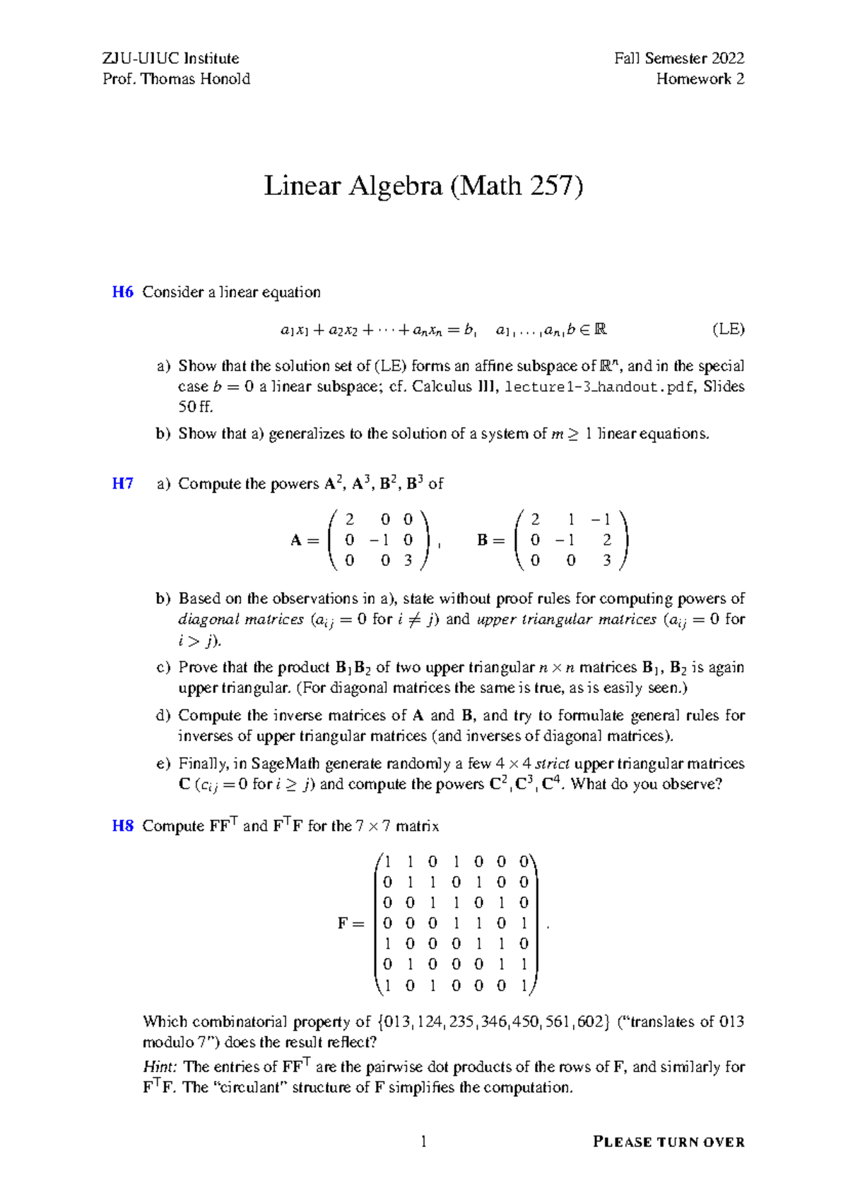 Homework 2 Solutions - Linear Algebra w/ Comp. Apps (MATH 257) - Studocu