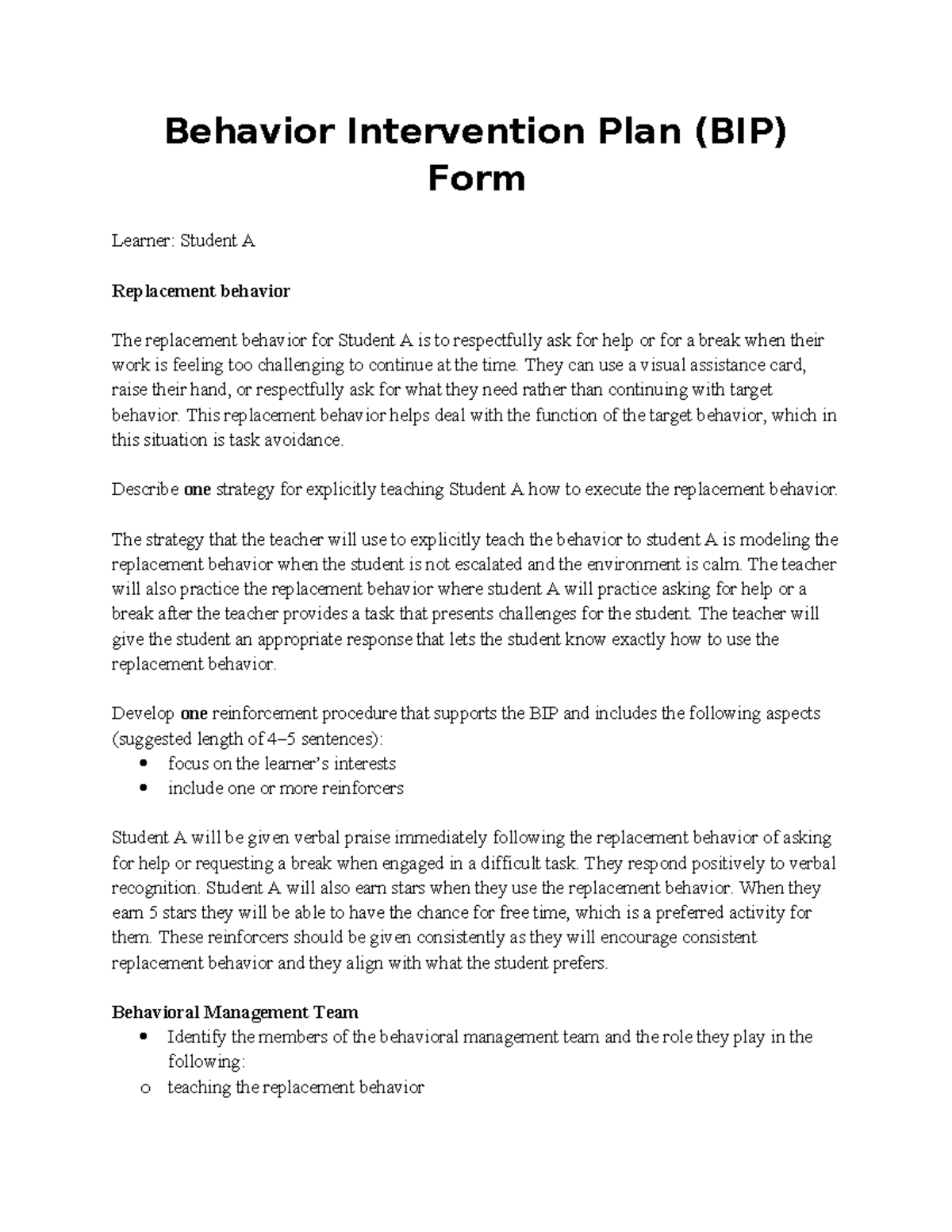 Behavior Intervention Plan (BIP) for Student A: Strategies & Support ...