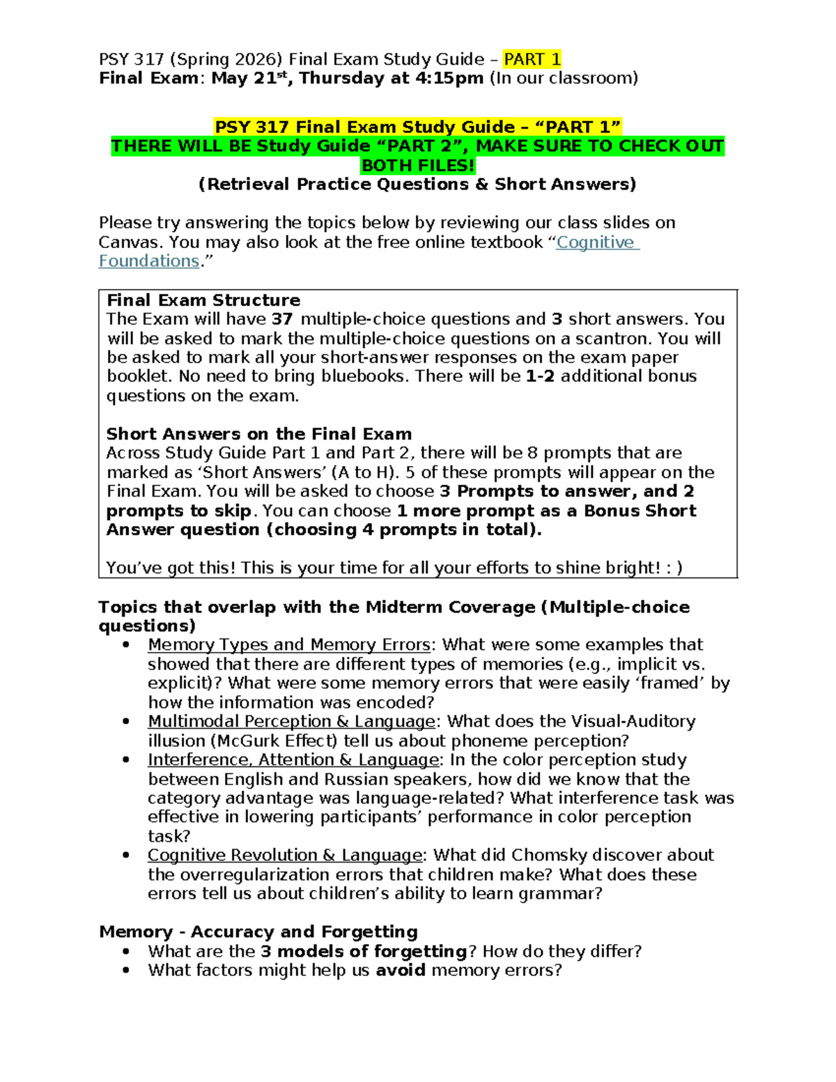 PSY 317 (Spring 2026) Final Exam Study Guide - Part 1 Overview - Studocu