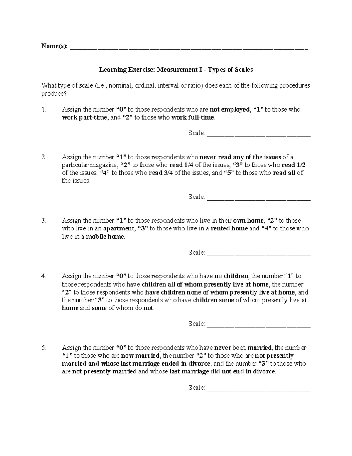 Measurement I: Types of Scales Learning Exercise Worksheet - Studocu