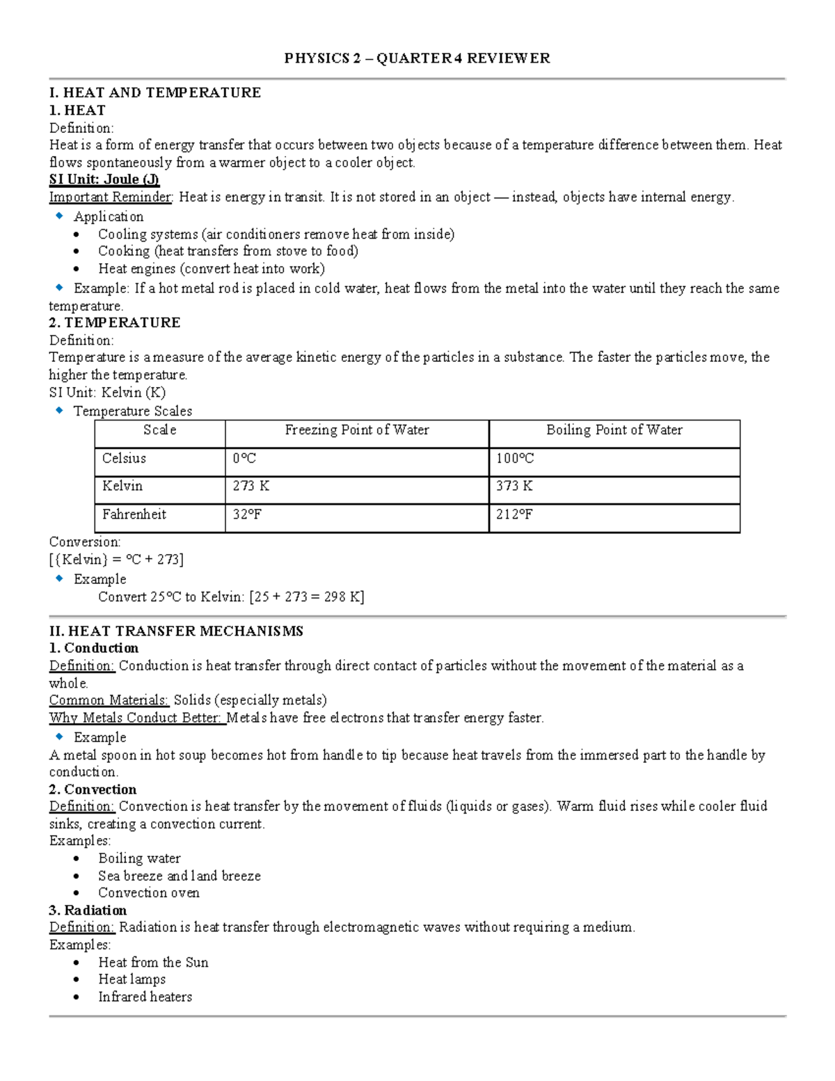 PHYSICS 2 QUARTER 4 REVIEWER: HEAT & TEMPERATURE CONCEPTS - Studocu