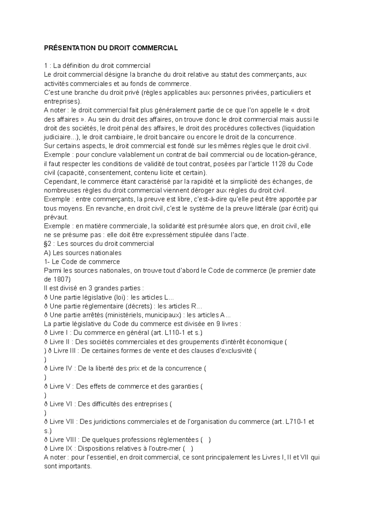 PRÉSENTATION DU DROIT COMMERCIAL 1 : Concepts et Sources Essentielles ...