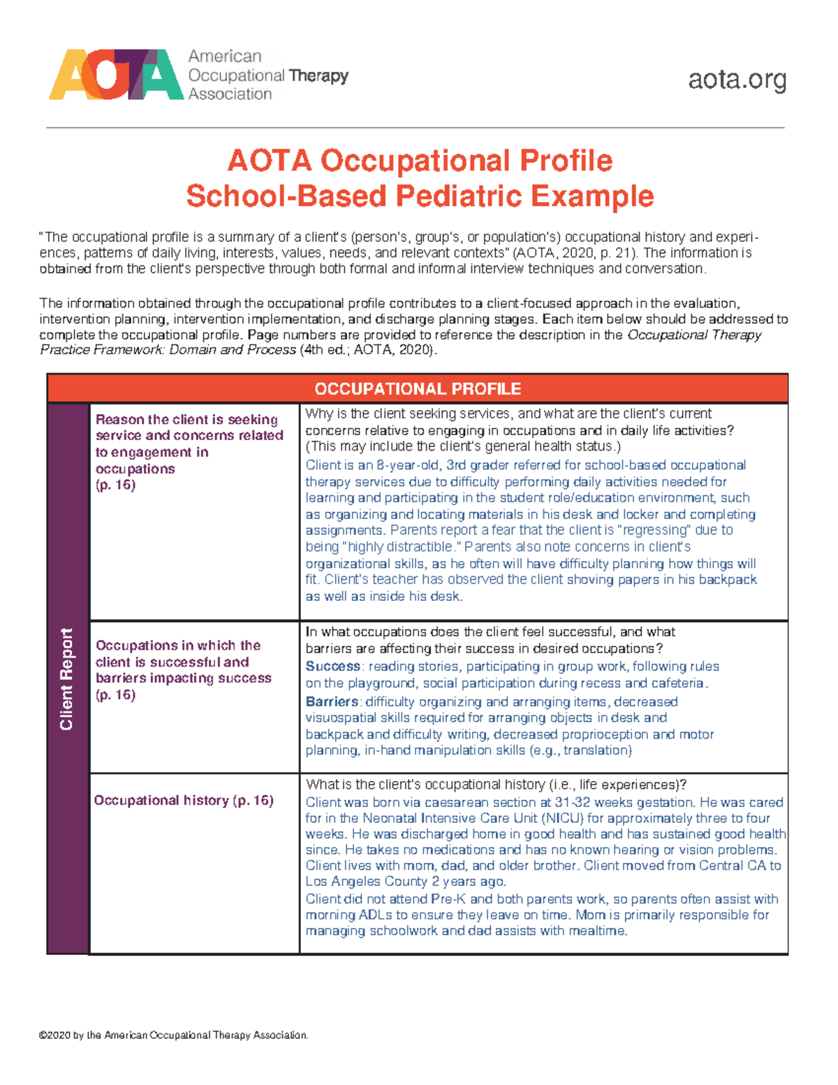 AOTA School-Based Occupational Profile Example: Pediatric Client Case ...