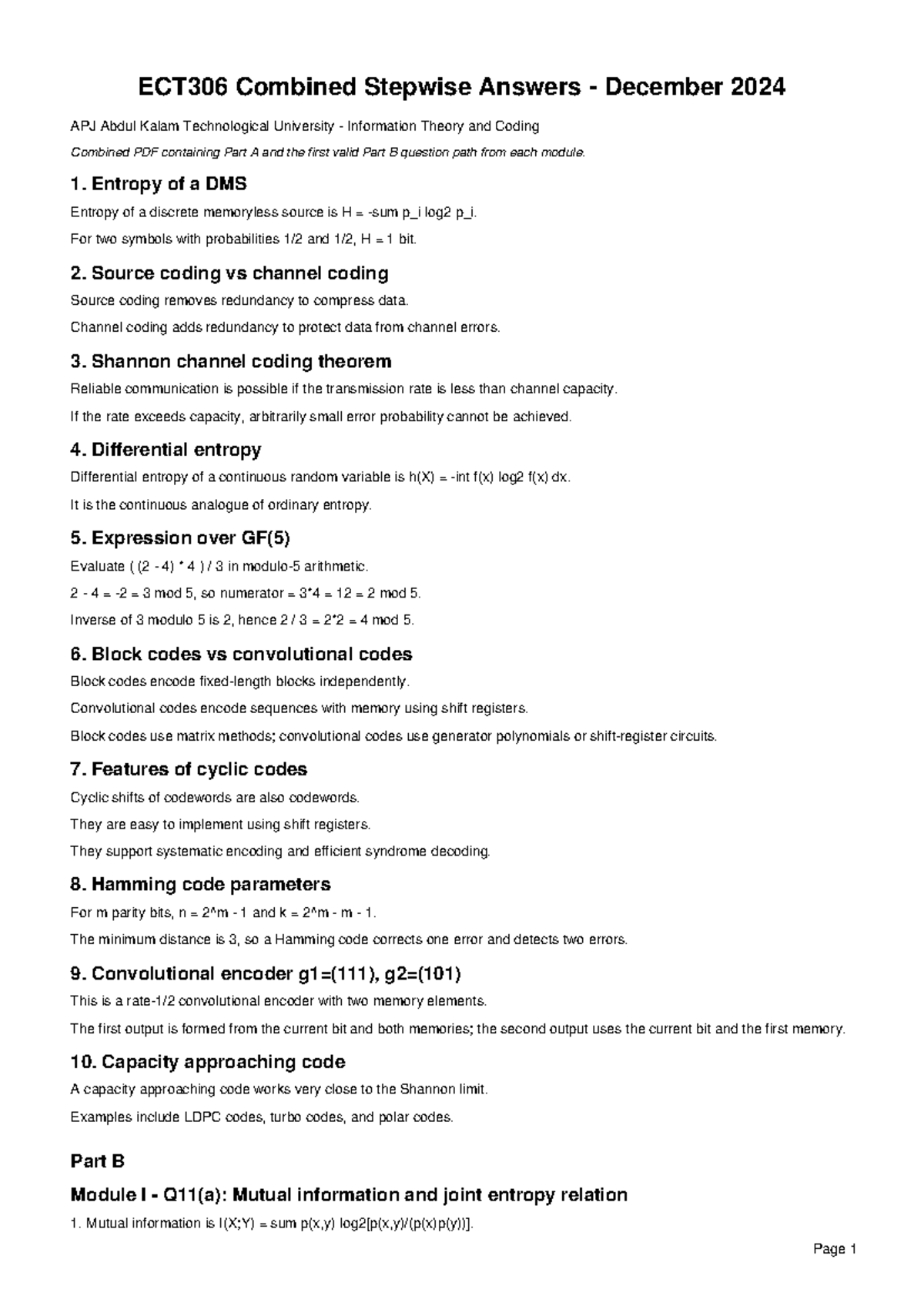 ECT306 Combined Stepwise Answers for Information Theory & Coding - Studocu