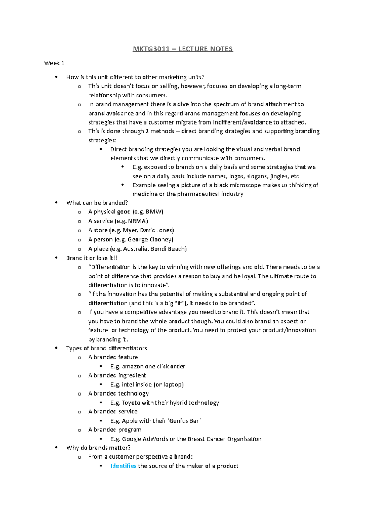 MKTG3011 Lecture Notes - MKTG3011 – LECTURE NOTES Week 1 How is this ...