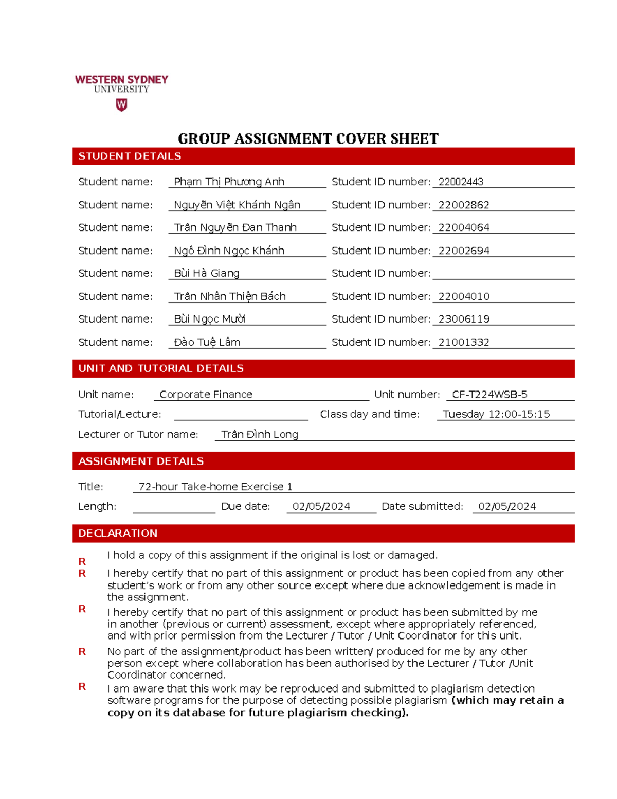 CF1 Group-4 Assignment-1 - GROUP ASSIGNMENT COVER SHEET STUDENT DETAILS ...