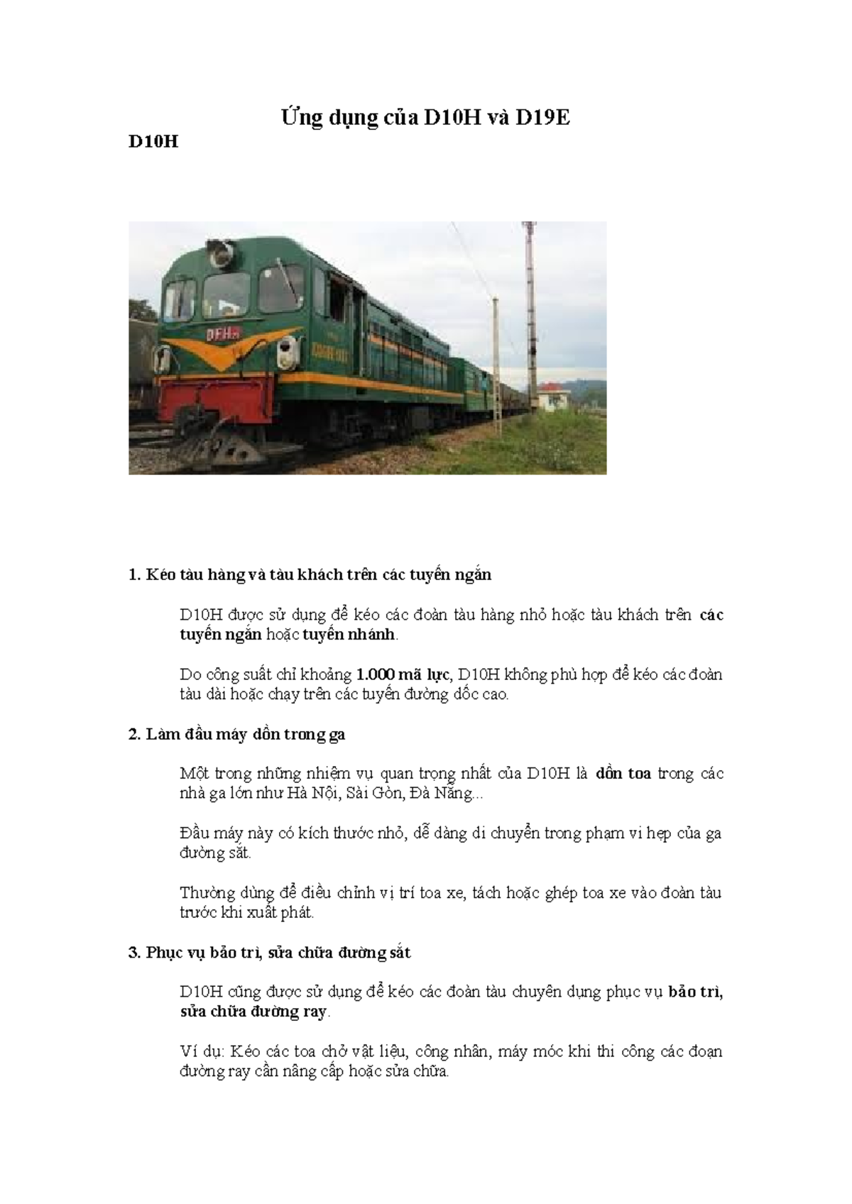 Ứng dụng của đầu máy D10H và D19E trong ngành đường sắt - Studocu
