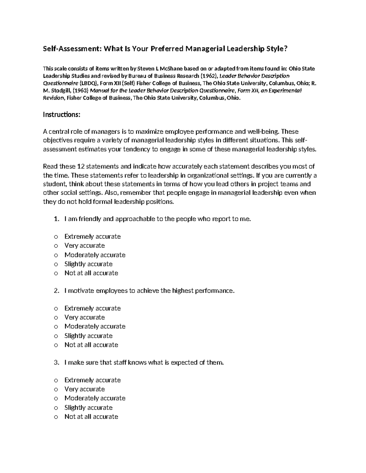 Ch12-02 Self-Assessment of Managerial Leadership Styles - Studocu