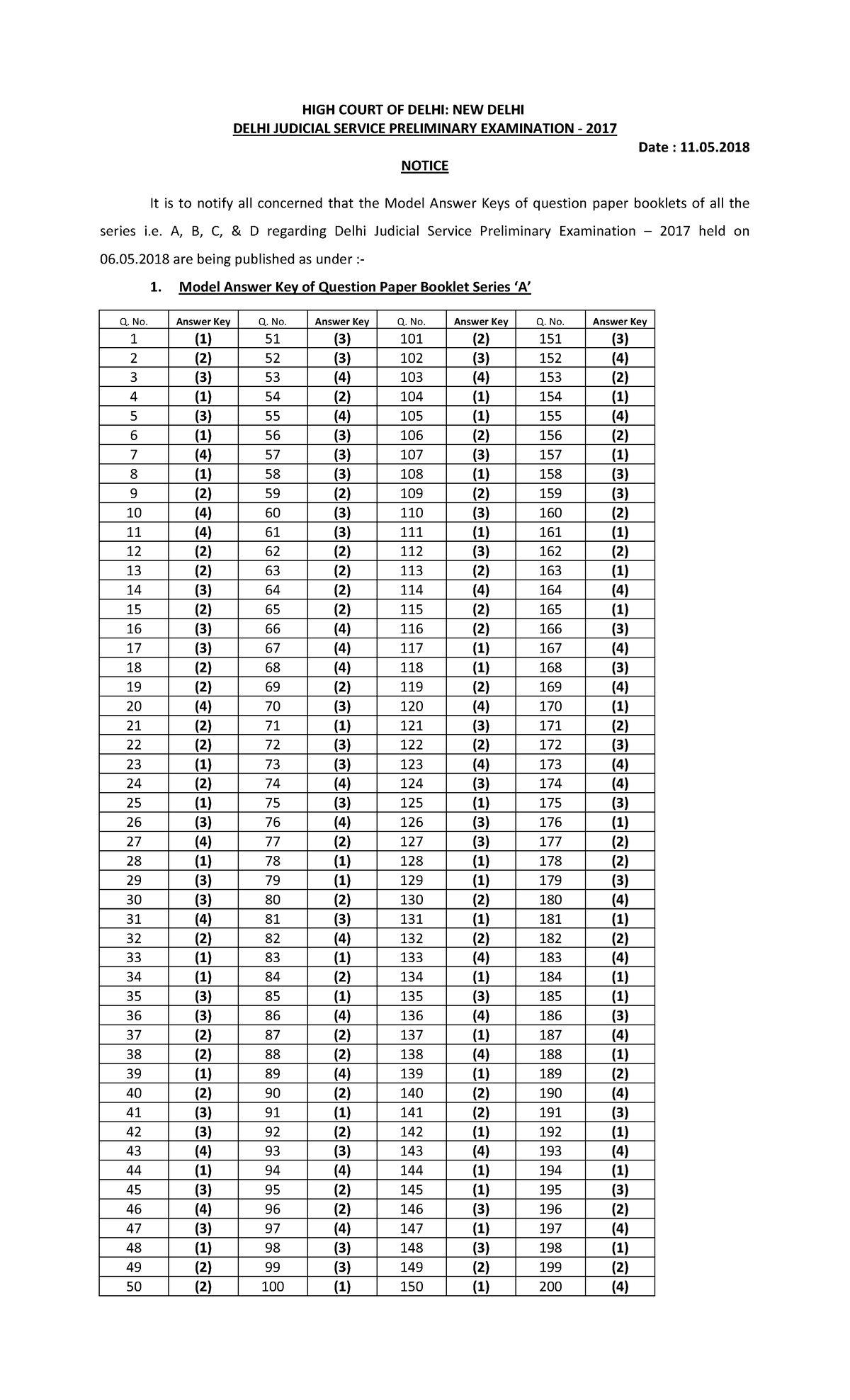 DJS 2017 Preliminary Exam Model Answer Keys & Objection Notice - Studocu