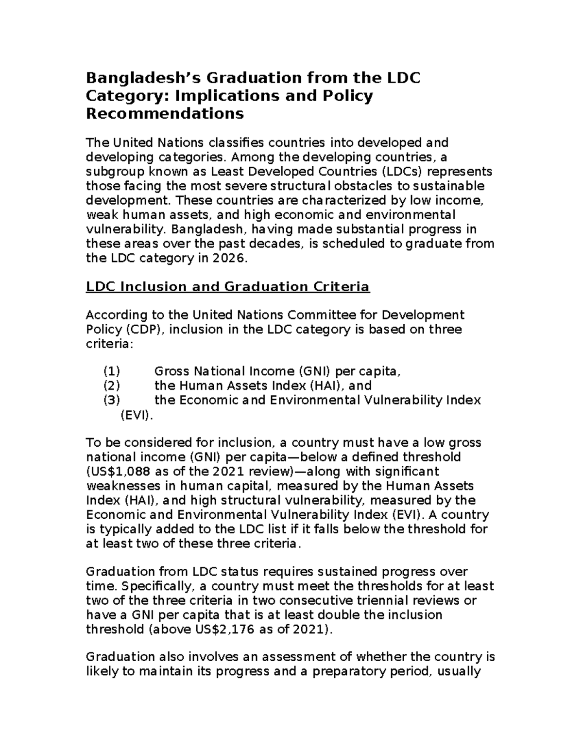 Bangladesh LDC Graduation: Implications & Policy Recommendations - Studocu