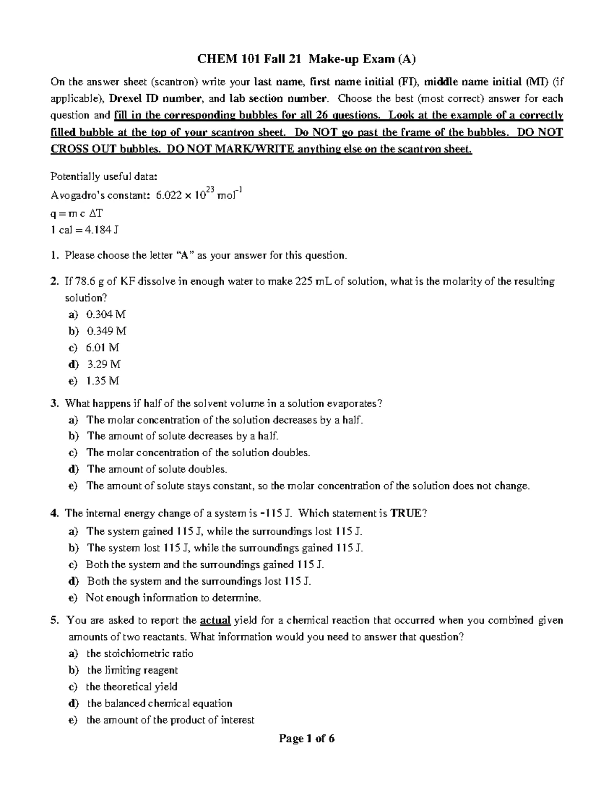 Practice Questions for CHEM 101 Exam 4 - F24 - Studocu