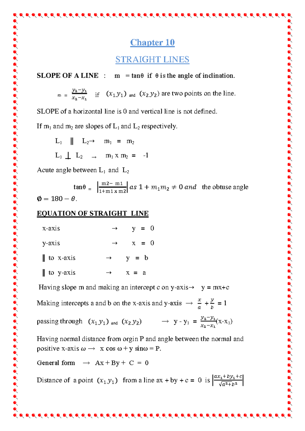 11 maths notes 10 Straight Lines - Chapter 10 STRAIGHT LINES SLOPE OF A ...