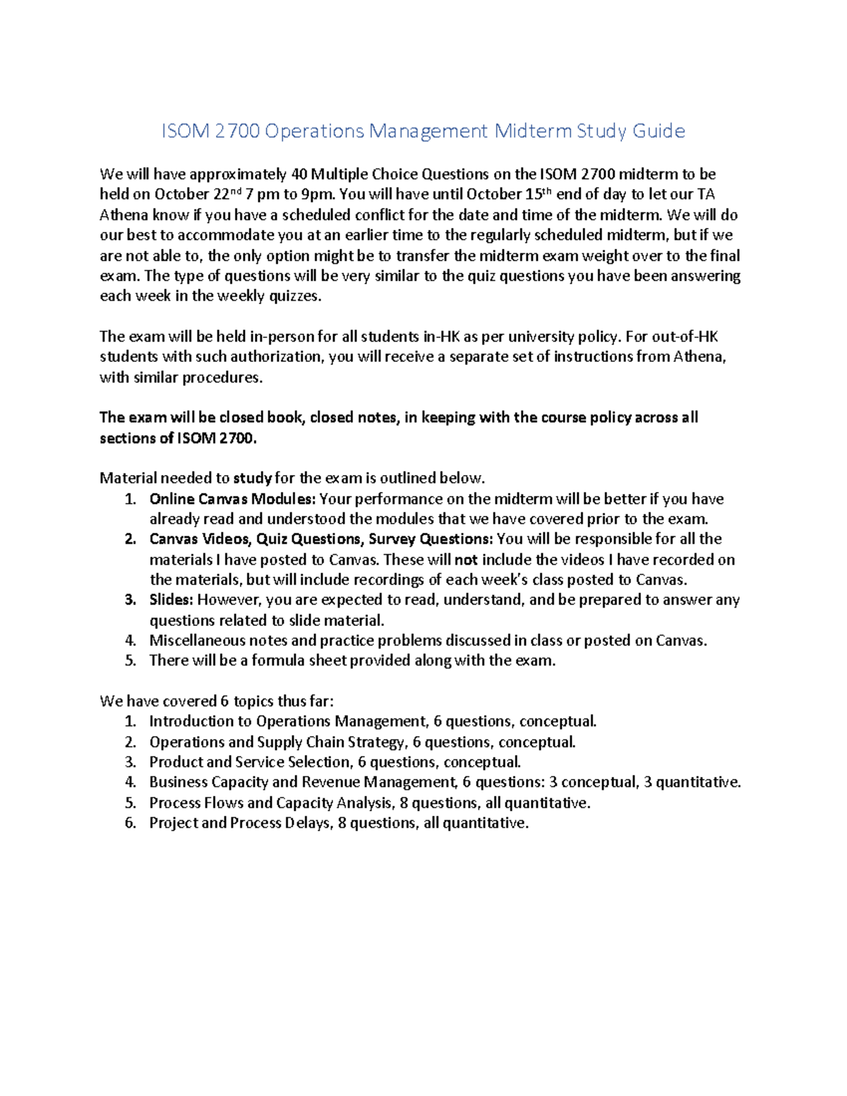 ISOM 2700 Operations Management Midterm Study Guide Overview - Studocu