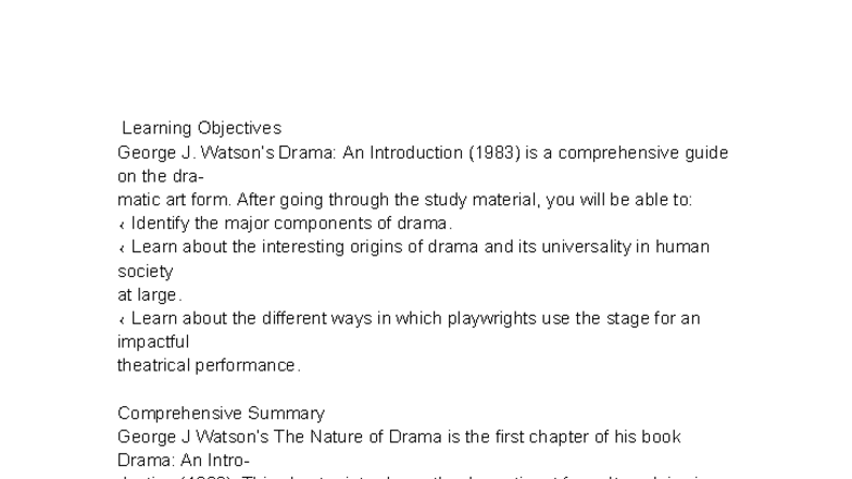 Learning Objectives: The Nature of Drama by G.J. Watson (1983) - Studocu