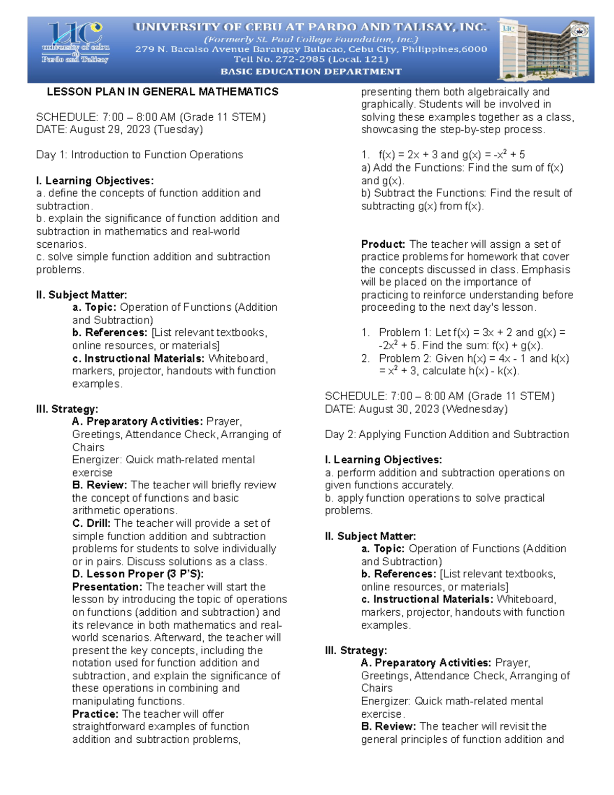 Grade 11 STEM - General Mathematics Lesson Plan: Function Operations ...