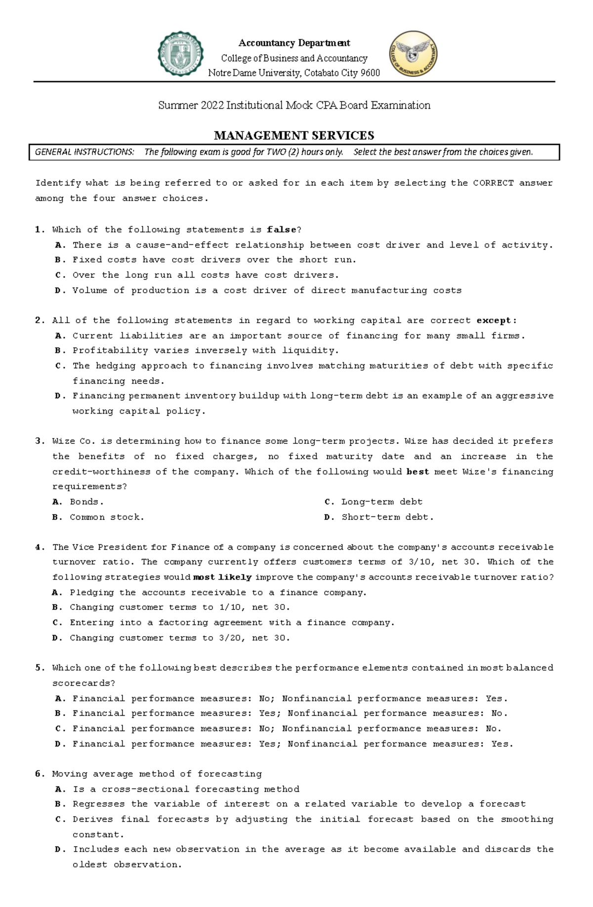 MS - MAS Summer 2022 Mock CPA Exam Practical Problems - Studocu
