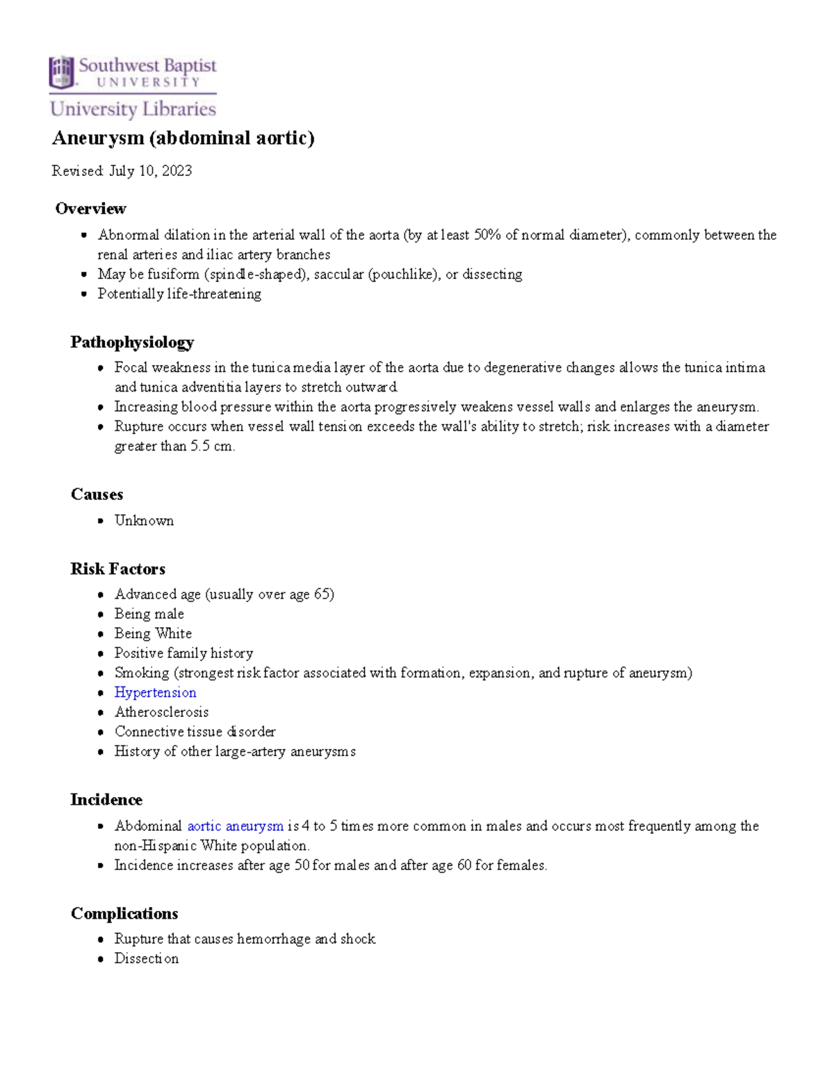AAA - Detailed Notes on Abdominal Aortic Aneurysm Management - Studocu