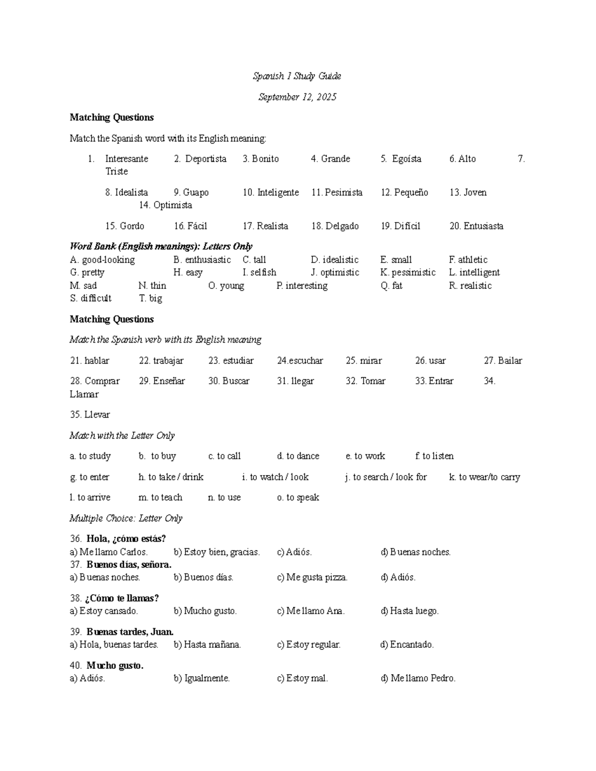 Spanish 1 Study Guide: Vocabulary & Grammar Practice Quiz - Studocu