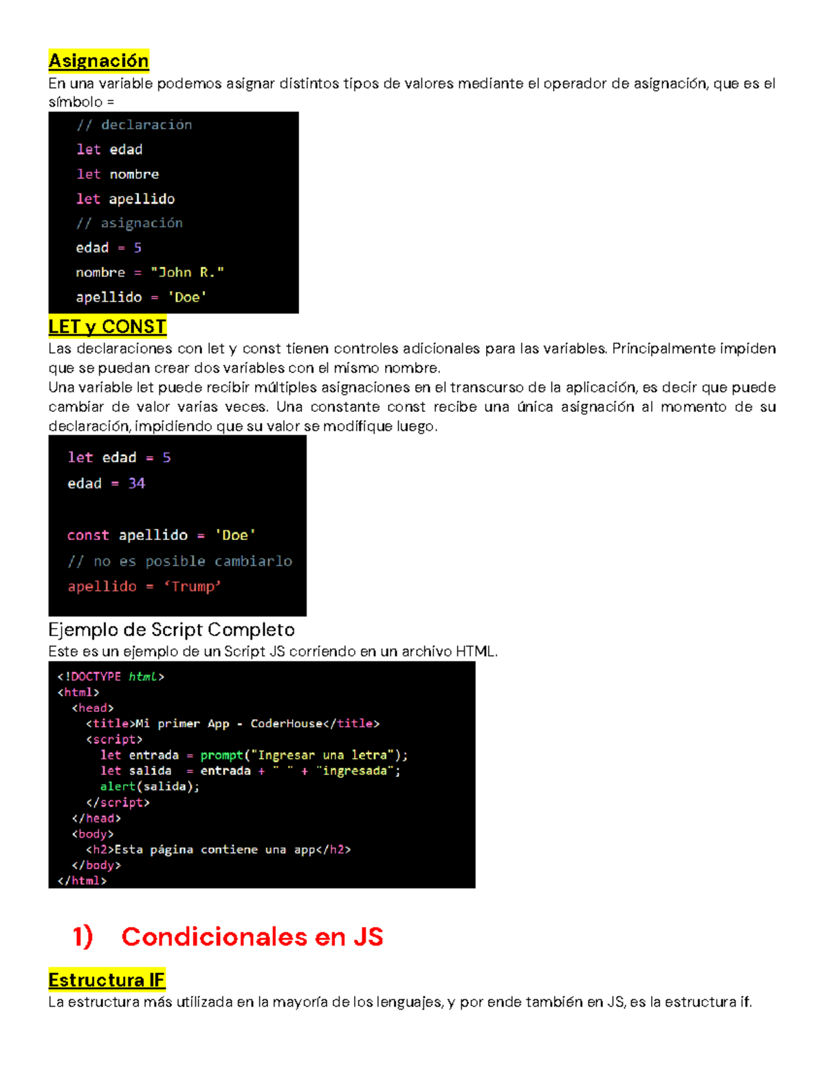 Resumen de JavaScript: Asignación, Condicionales y Funciones - Studocu