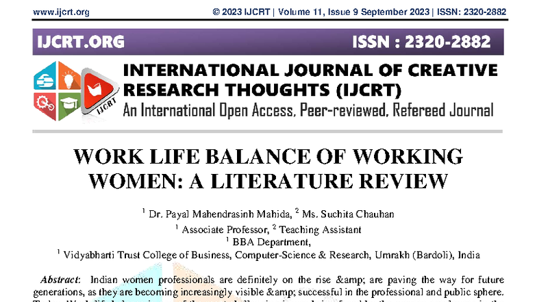 Work Life Balance of Women Employees: A Literature Review (IJCRT2309007 ...