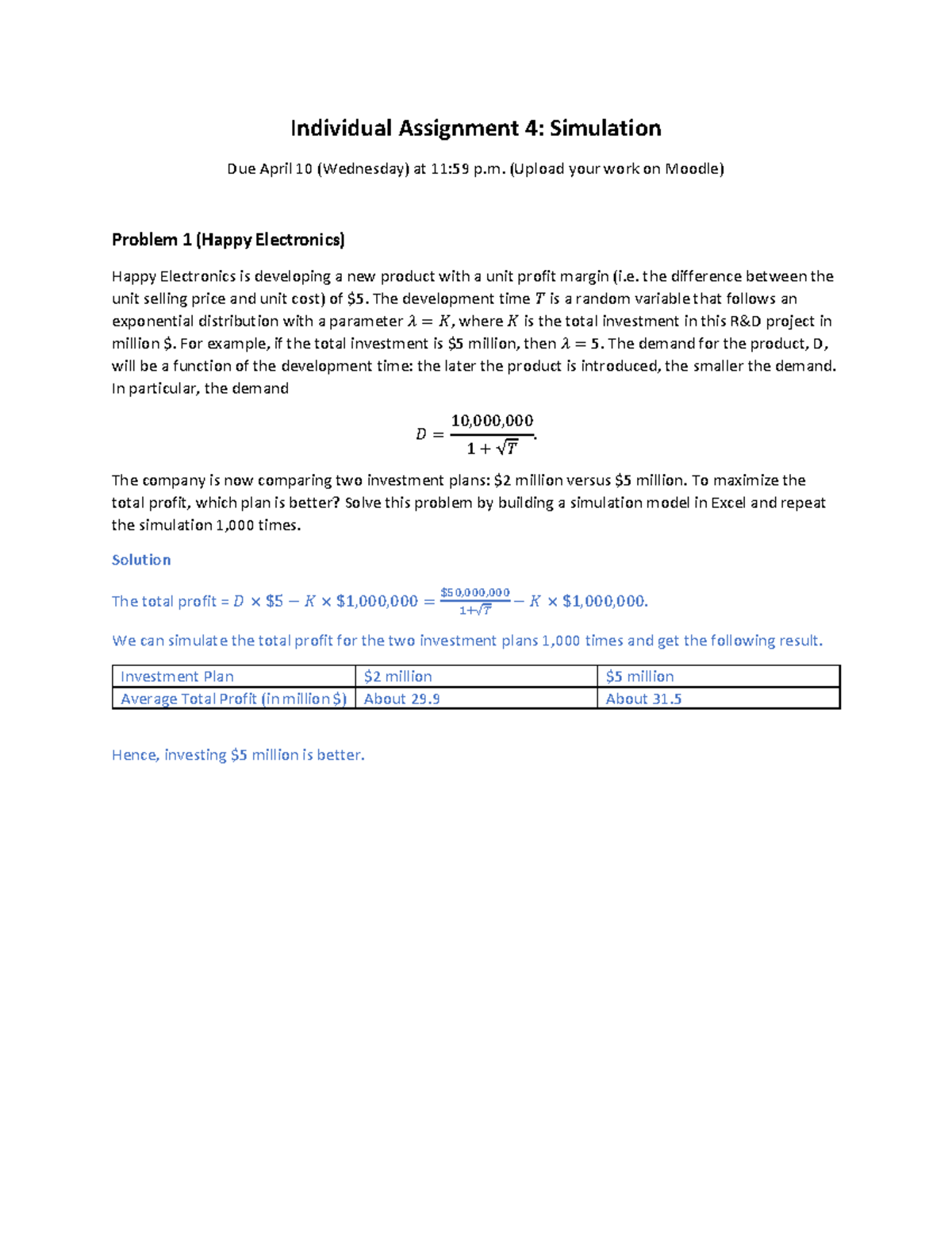 Assignment 4: Simulation Solutions for Happy Electronics & More - Studocu