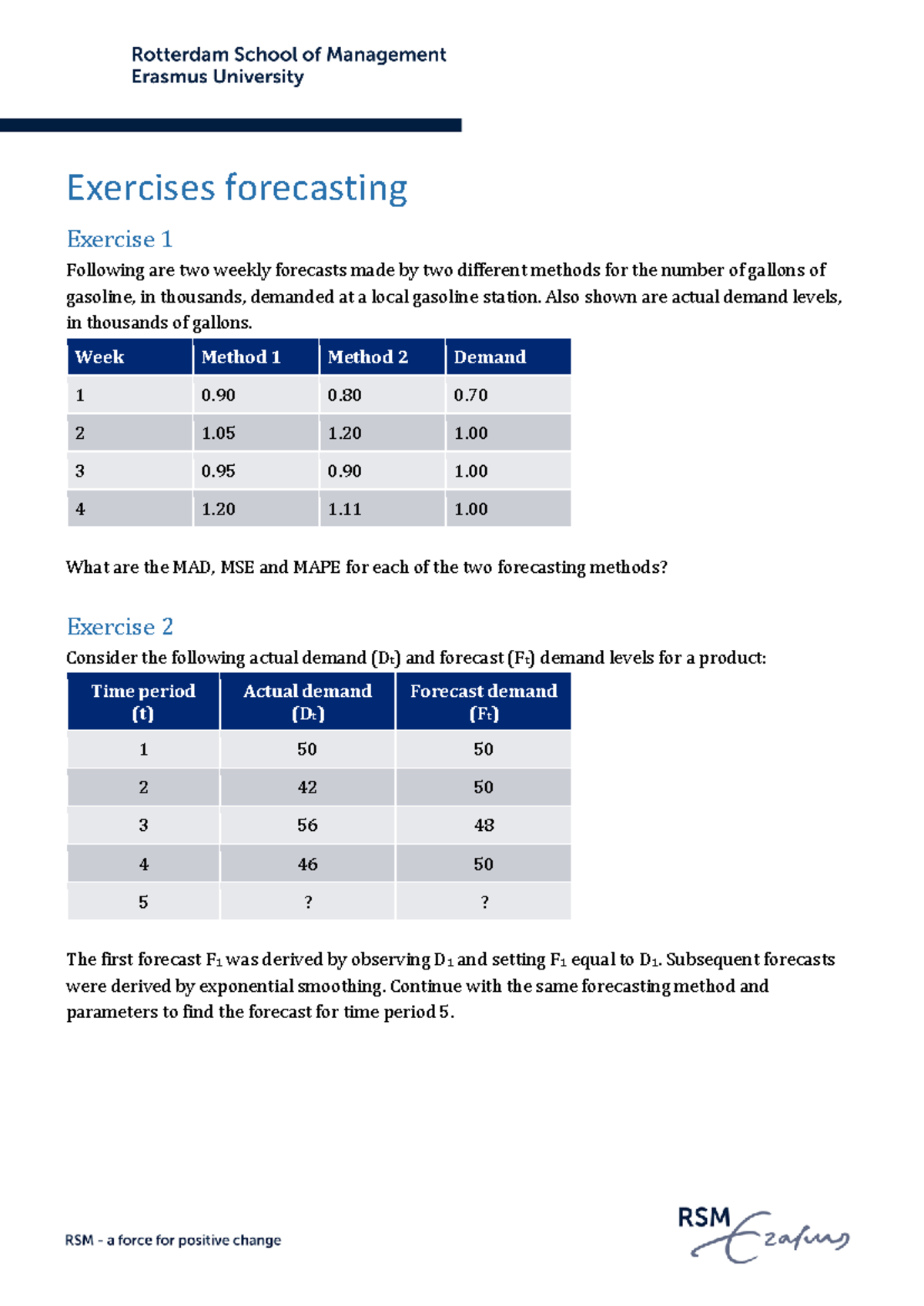 Forecasting Exercises 22-23: Methods & Demand Analysis - Studeersnel