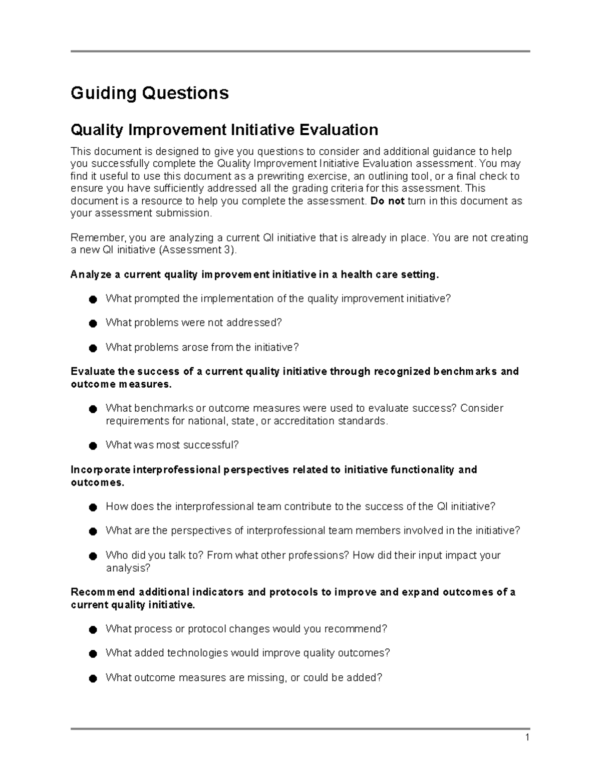 NURS-FPX6016 Quality Improvement Initiative Evaluation Questions - Studocu