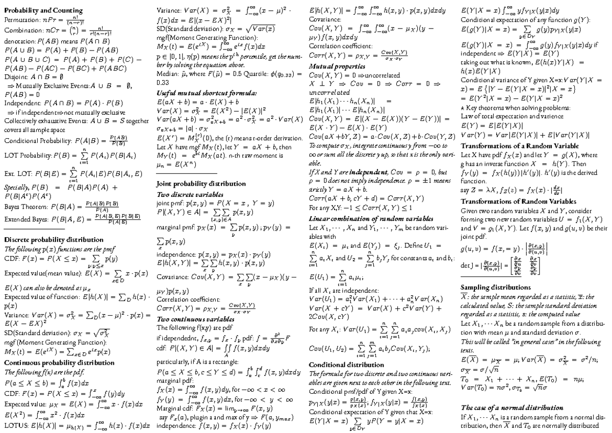 Statistics cheat sheet - Probability and Counting Permutation: nP r ...