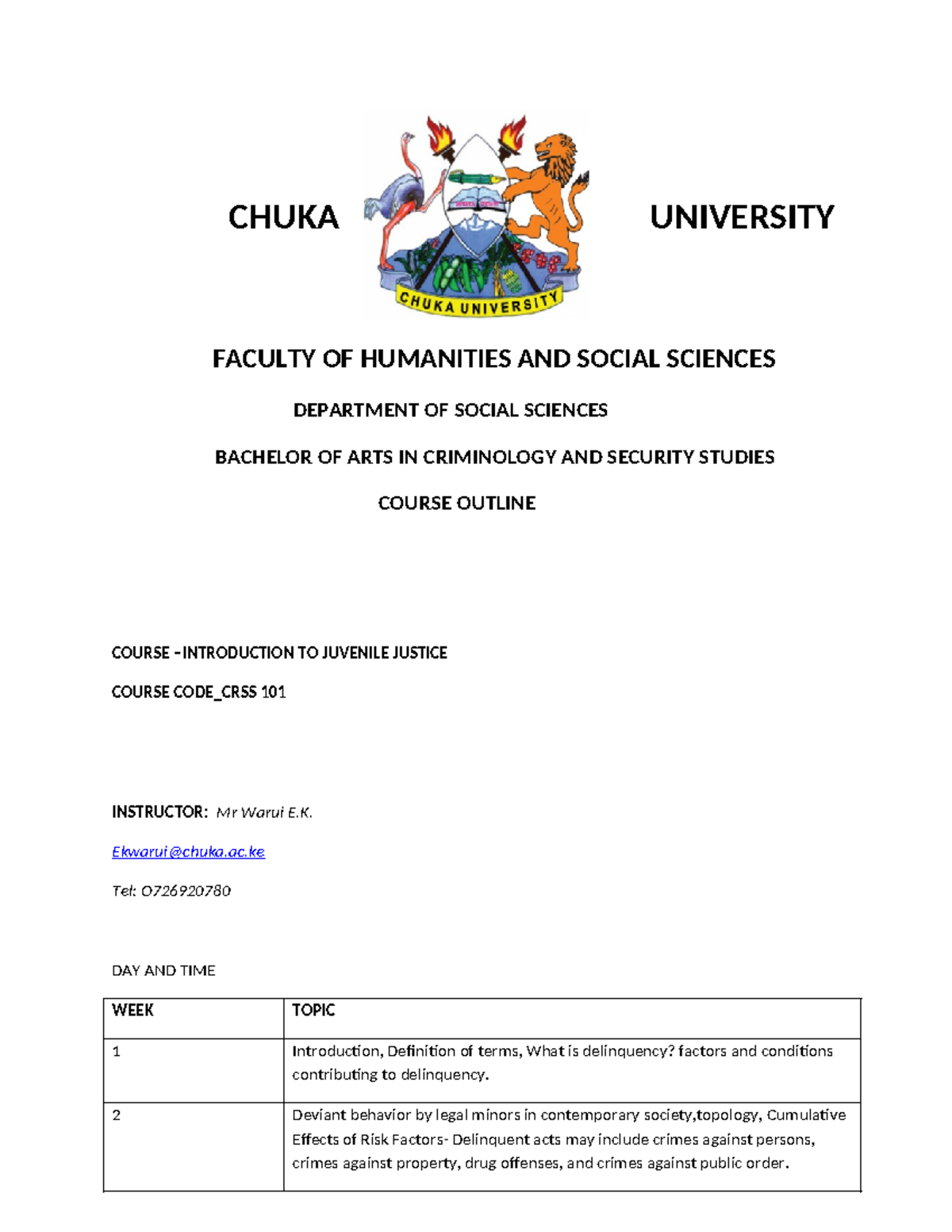 CRSS 101 - Course Outline 2024: Introduction to Juvenile Justice Study ...