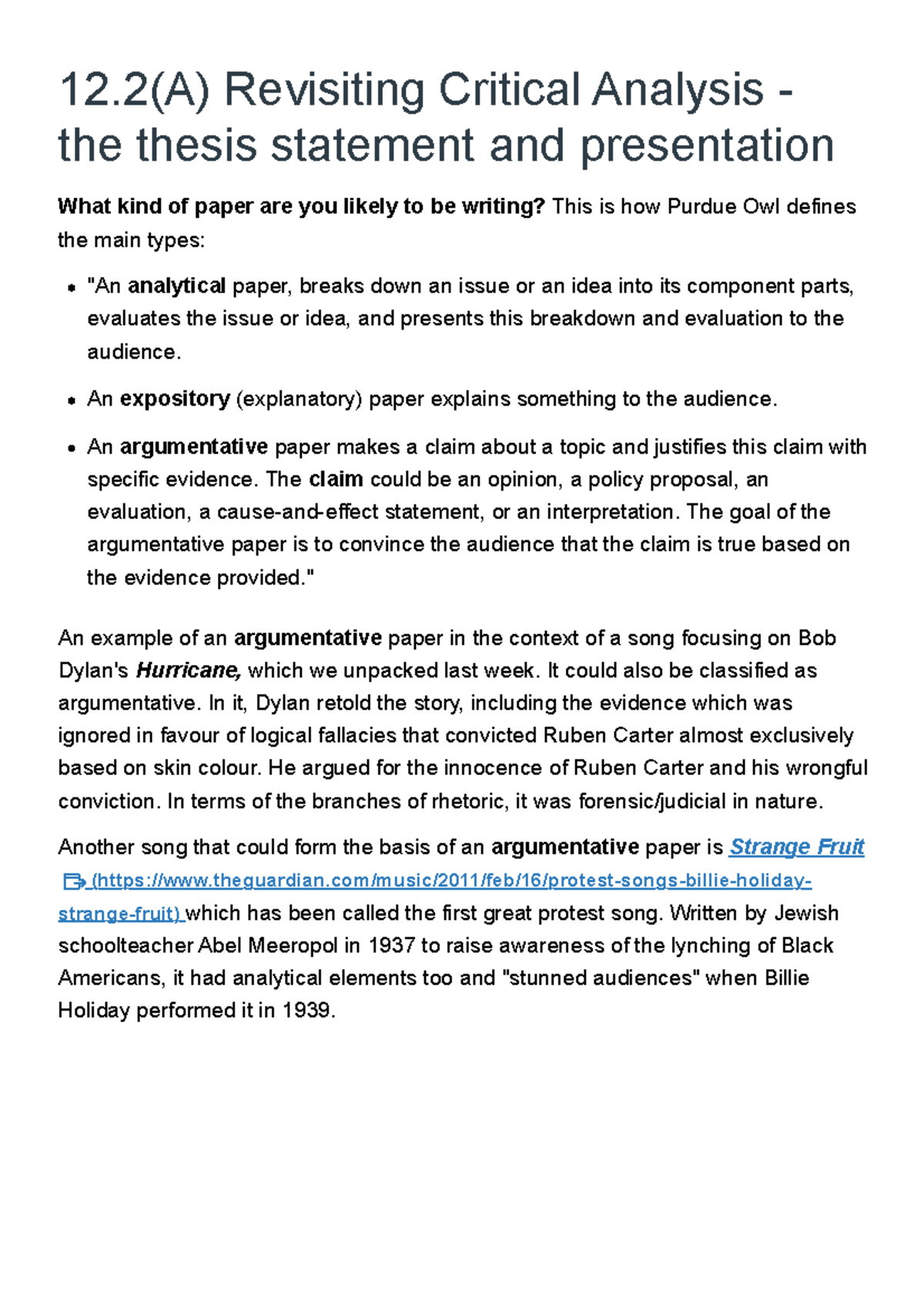 12.2(A) Critical Analysis & Thesis Statement in WRIT1002 - Studocu