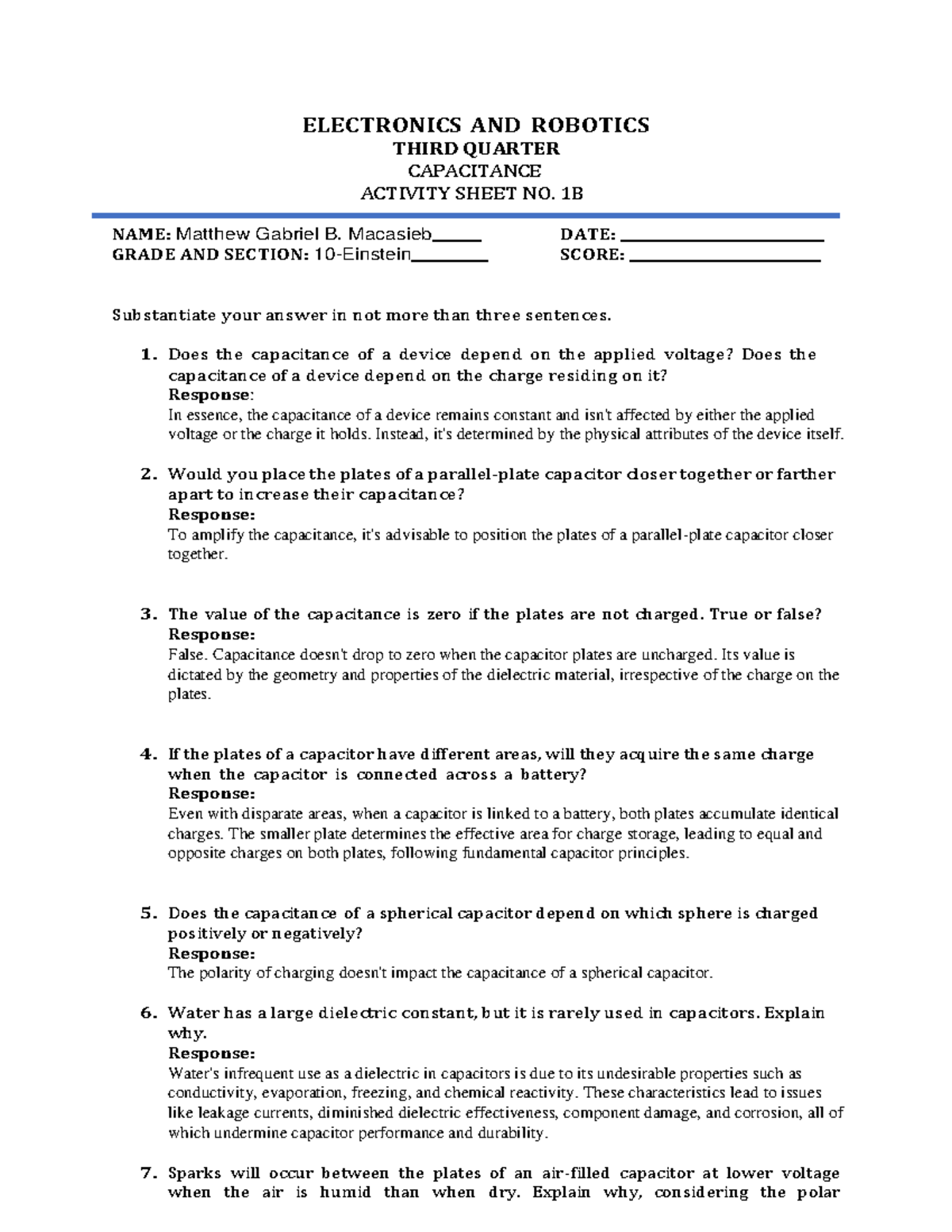 ELECTRONICS AND ROBOTICS Q3 CAPACITANCE ACTIVITY SHEET NO. 1B - Studocu