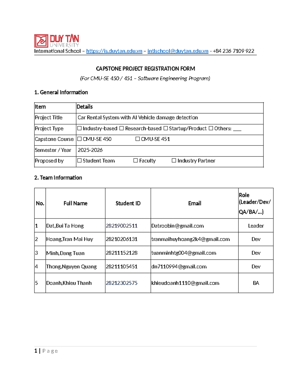 Capstone Project Registration Form for 450 451: AI Car Rental System ...