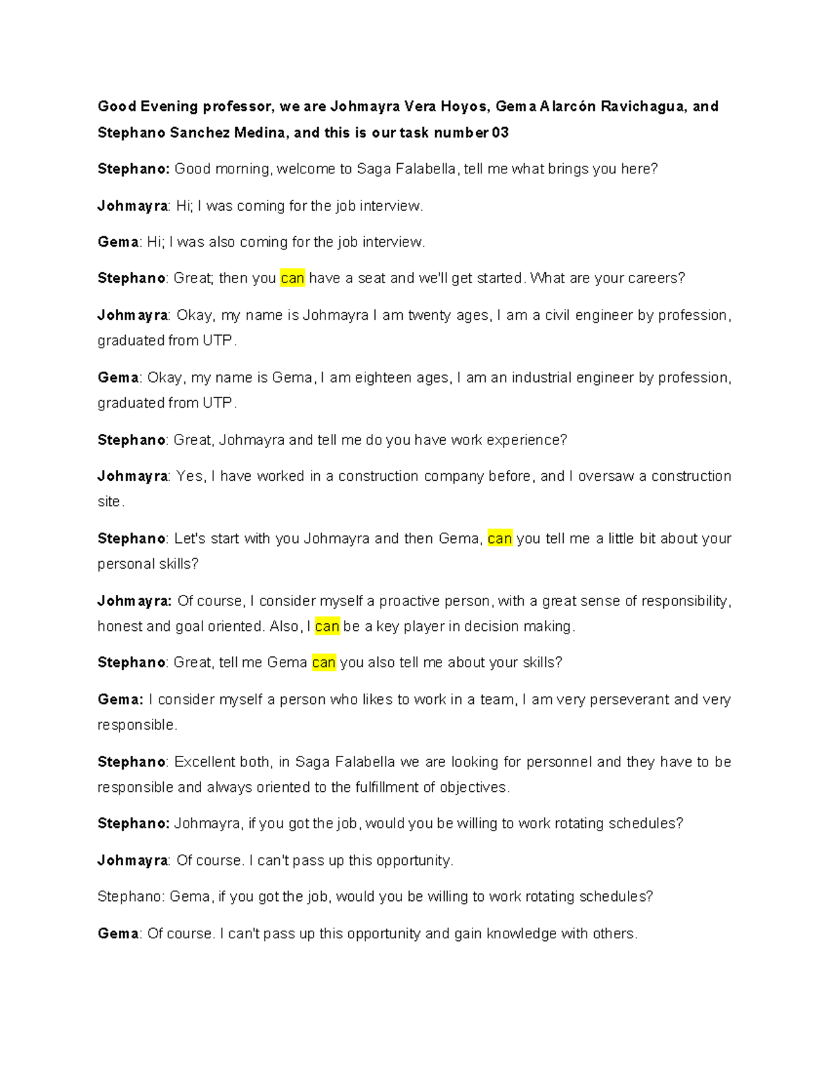 Dialogo Task 03: Job Interview Script for UTP Graduates - Studocu