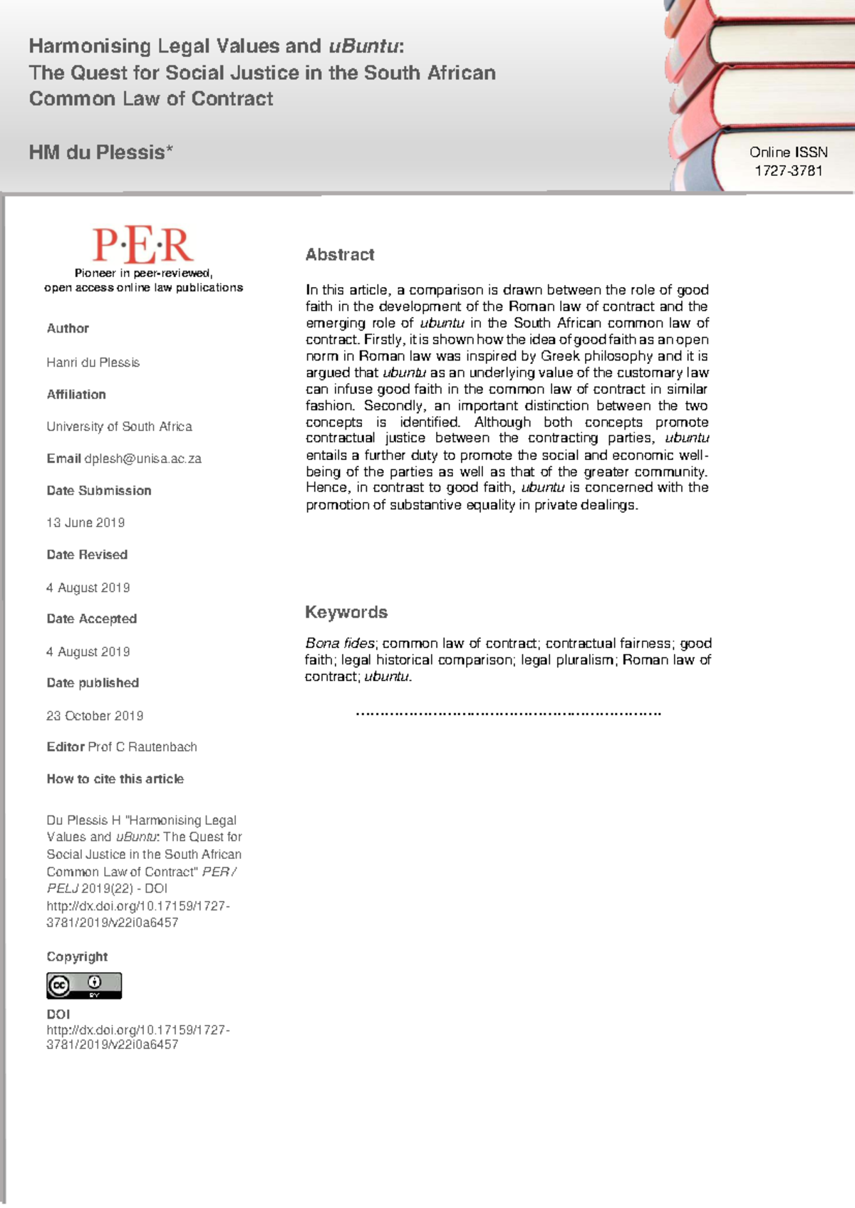 Harmonising Legal Values: Ubuntu and Good Faith in SA Contract Law (HM ...
