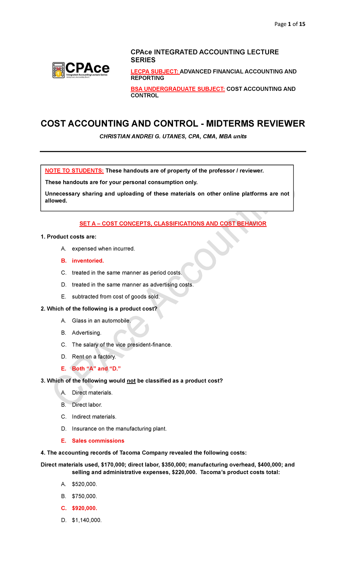 ACCO 202 - Cost Accounting and Control Midterm Review Notes - Studocu