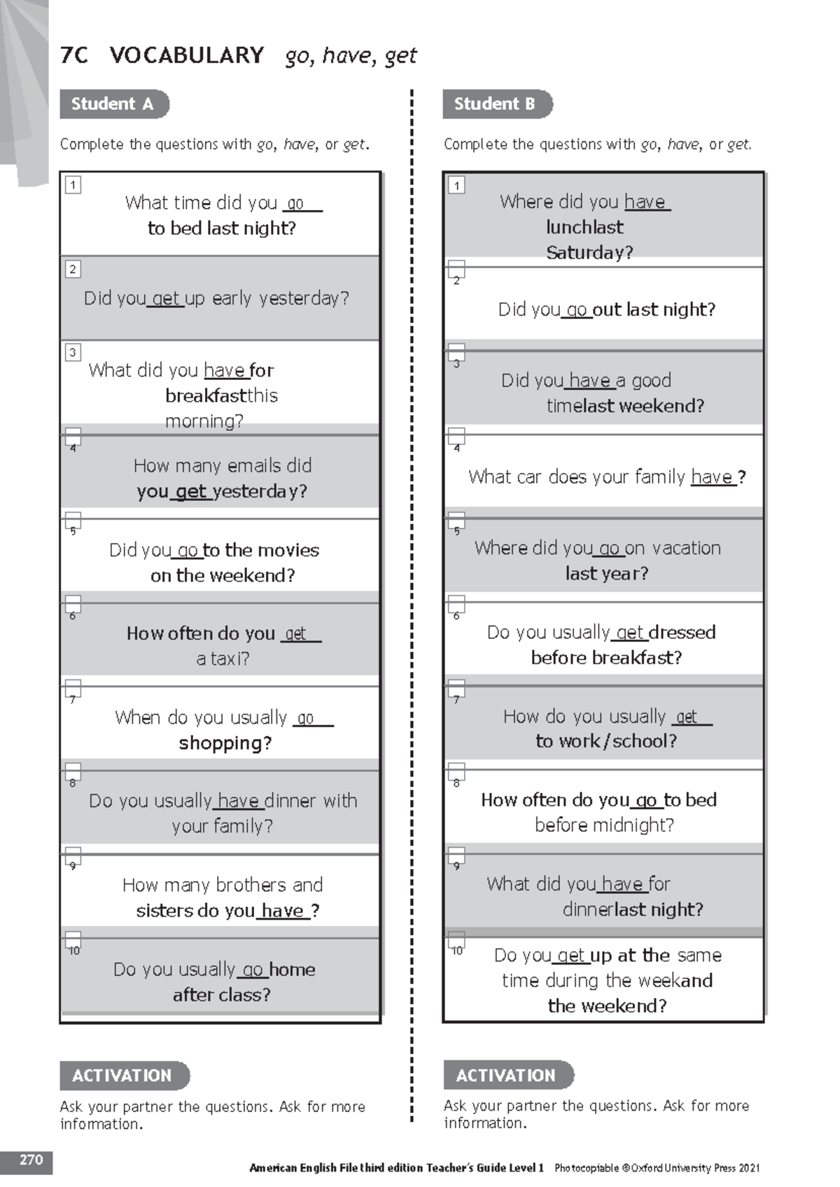 7C Vocabulary Practice: Go, Have, Get Questions and Answers - Studocu