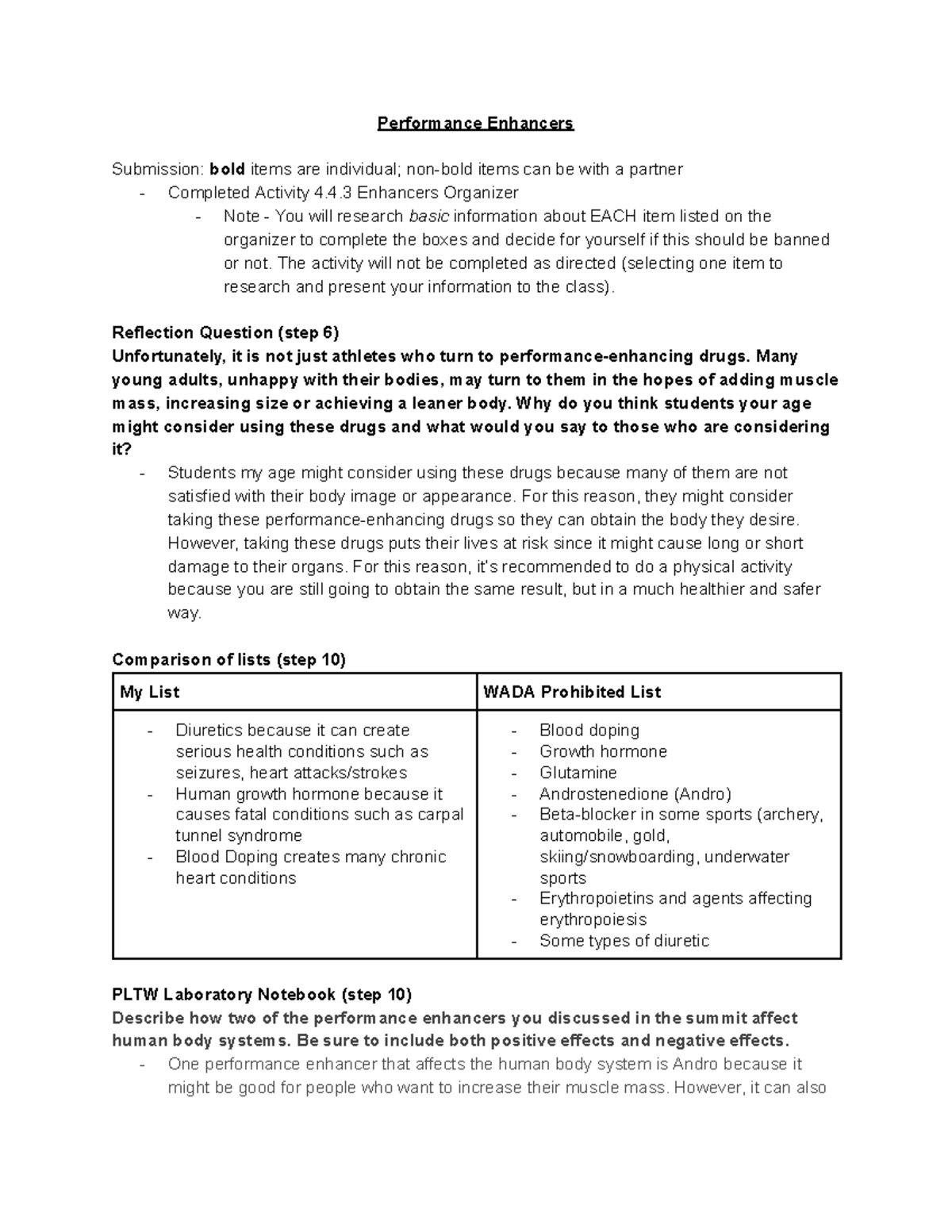 PLTW 4.4.3 Performance Enhancers: Risks and Reflections on Bans - Studocu