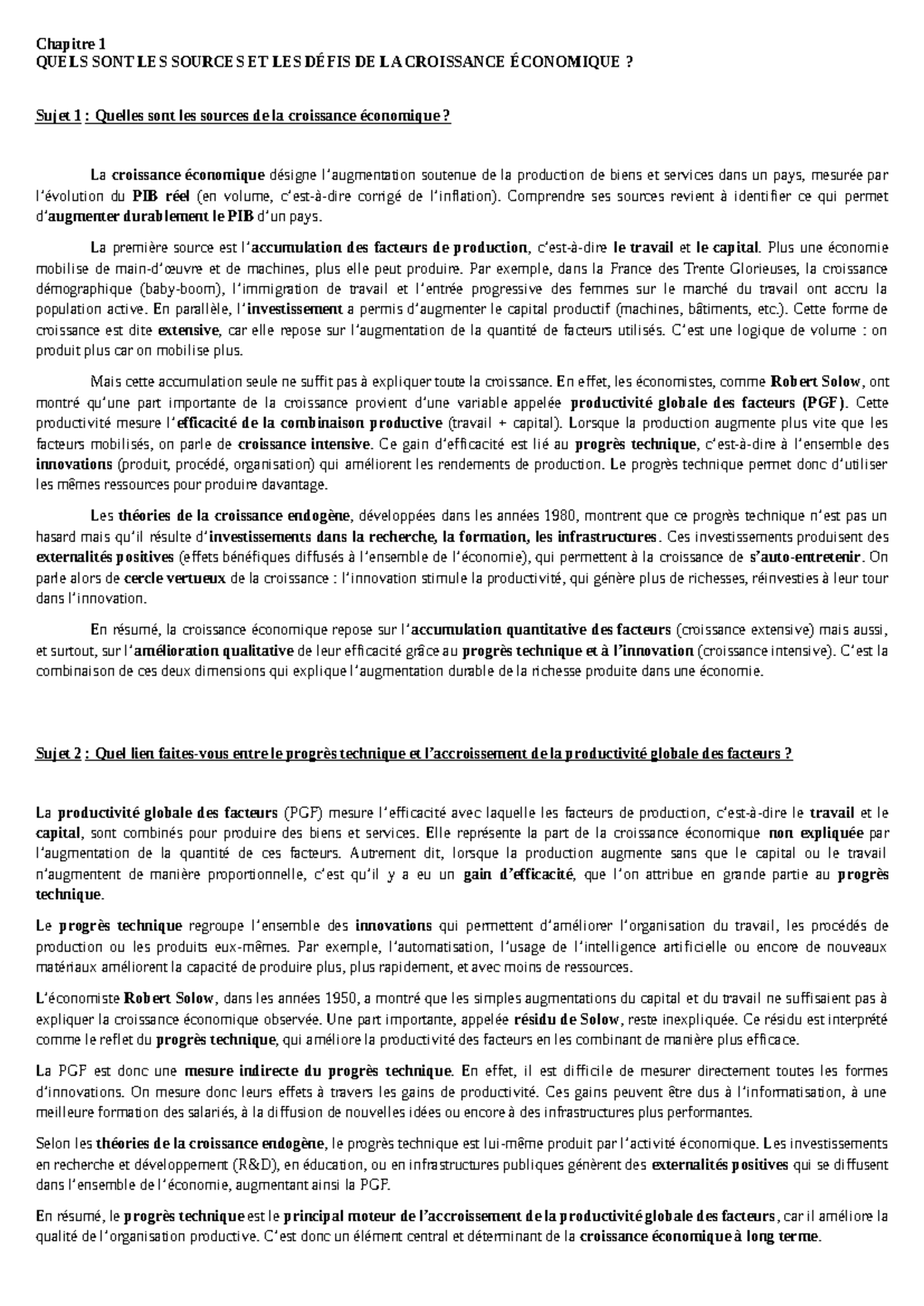 Chapitre 1 : Sources et Défis de la Croissance Économique - Studocu
