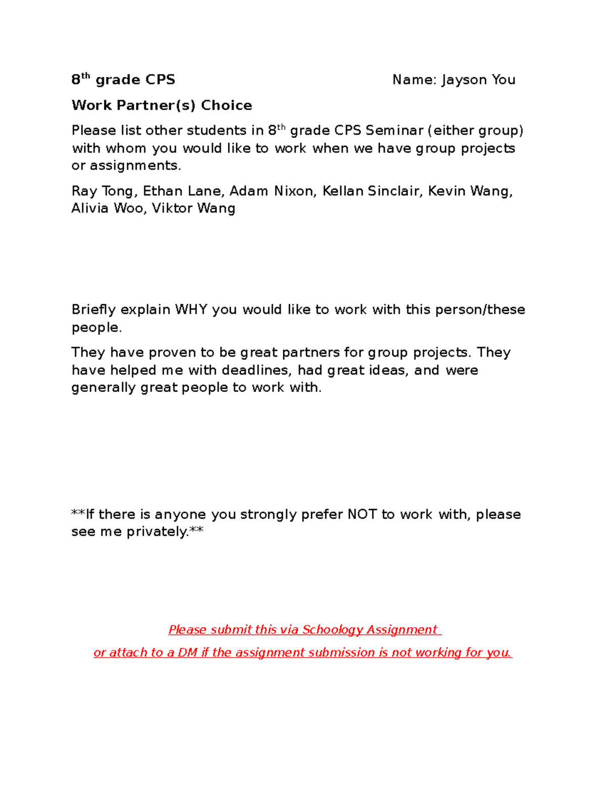 2024-25 8th Grade CPS - Partner Selection Assignment - Studocu