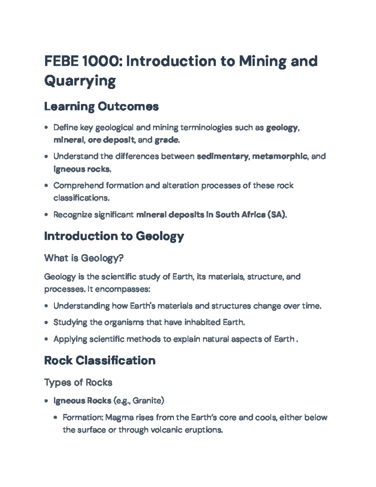 FEBE 1000: Introduction to Geology and Mining in South Africa - FEBE ...