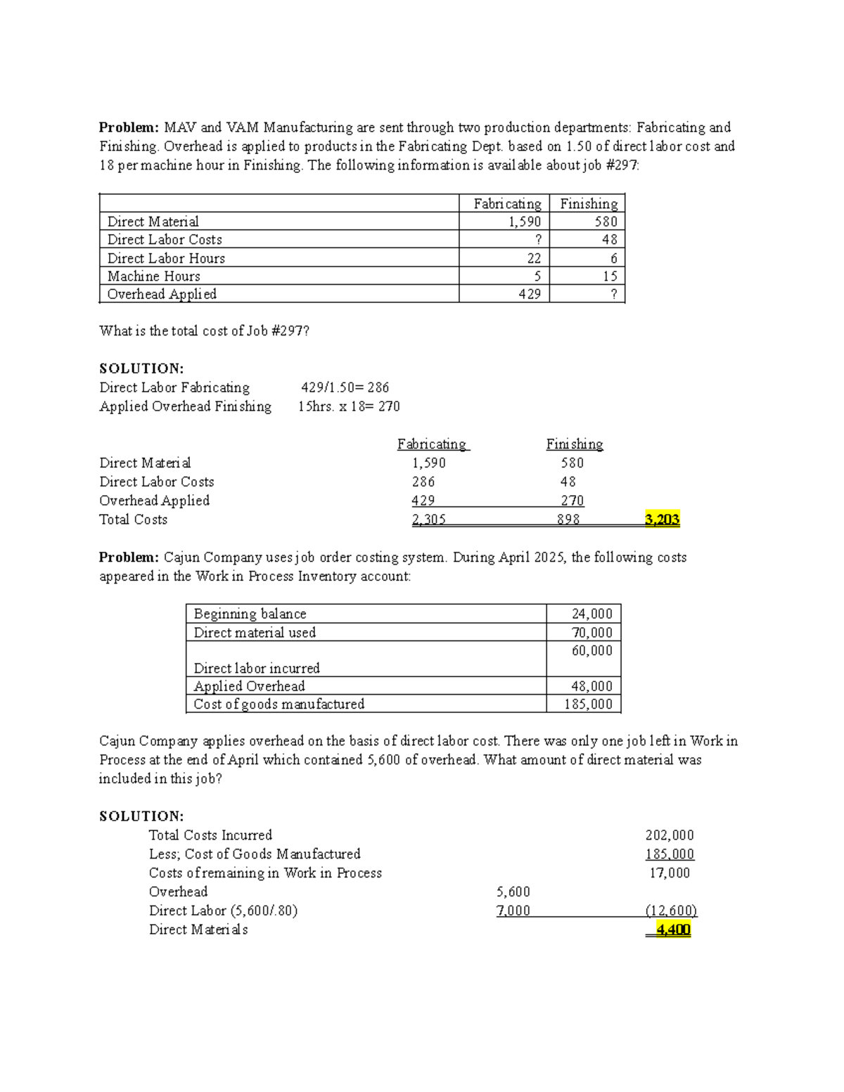 Cost Accounting Problems & Solutions: MAV & Cajun Co. Cases - Studocu